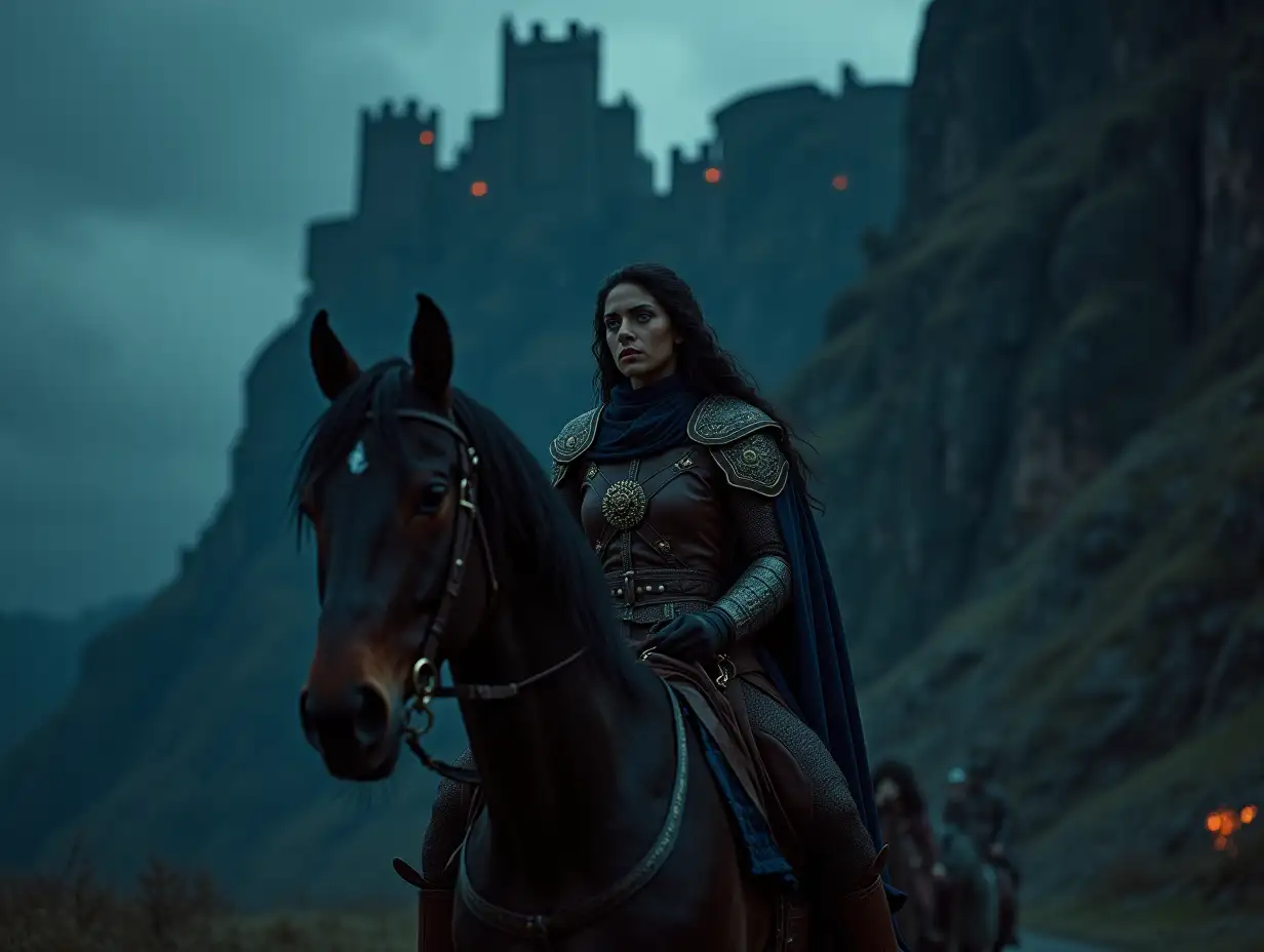 Cinematic shot of 15th-century film photography highly detailed scene in 16K resolution of Gina a 25-year-old Latin brave, Fearsly warrior, with very full long black wavy hair, deep sky-blue eyes, light brown-skinned, wearing a 15th-century earth-tones leather brown and gold warrior outfit with a dark blue cape, rides a strong, muscles black stallion, through a dark, stormy night toward a diabolical and evil sorcerer colossal fortress built into a mountainside.The fortress gates, is made of black obsidian, are lit by ominous red flames, eerie intense atmosphere, spooky, foggy, Blum night, action shot, dark colors.