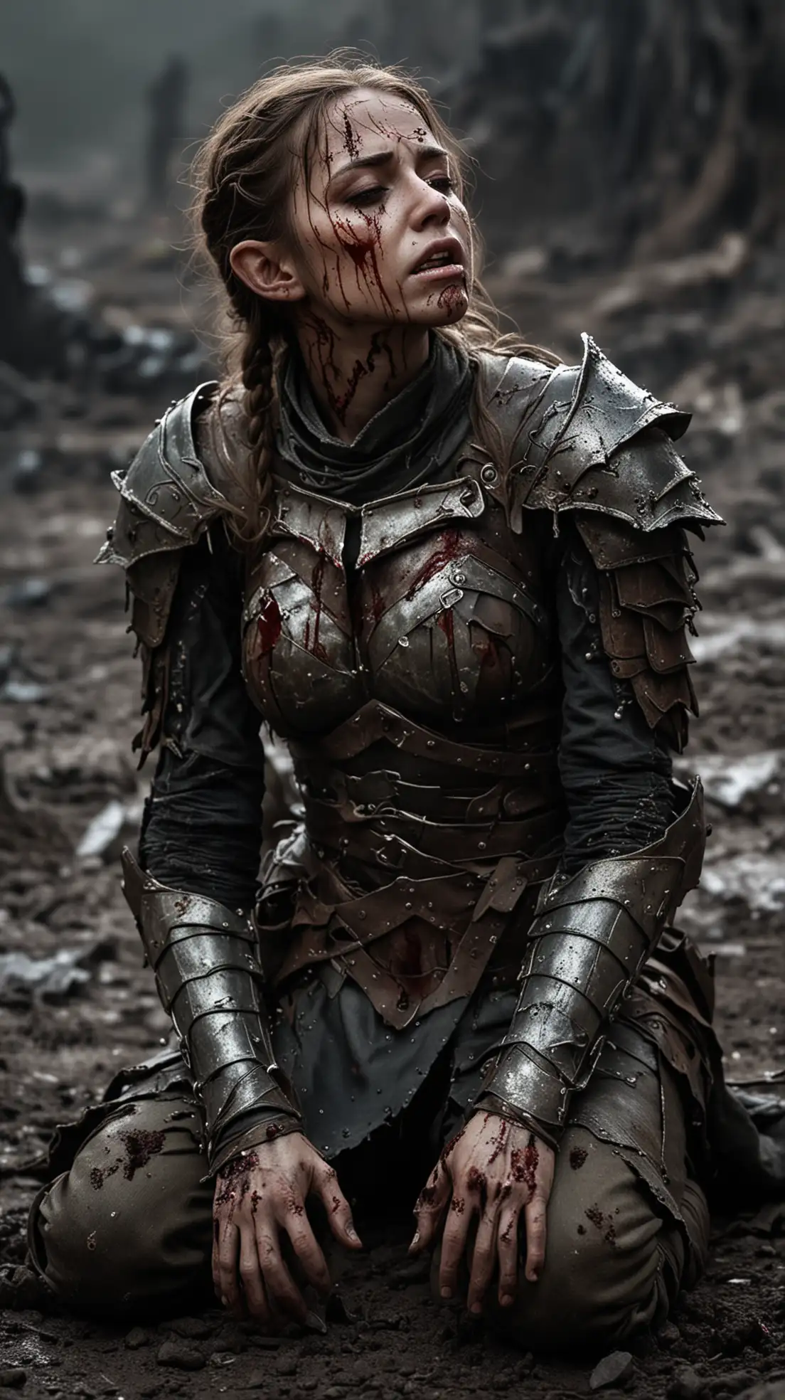 Collapsing Elf princess with brown hair and light damaged armour wounded with a heavily bruised face, gruesome wounds, battle worn, blackened eyes, covered in blood and dirt, who is kneeling on a desolate battlefield at a dark night. She is suffering with closed eyes and tortured with agonizing pain.