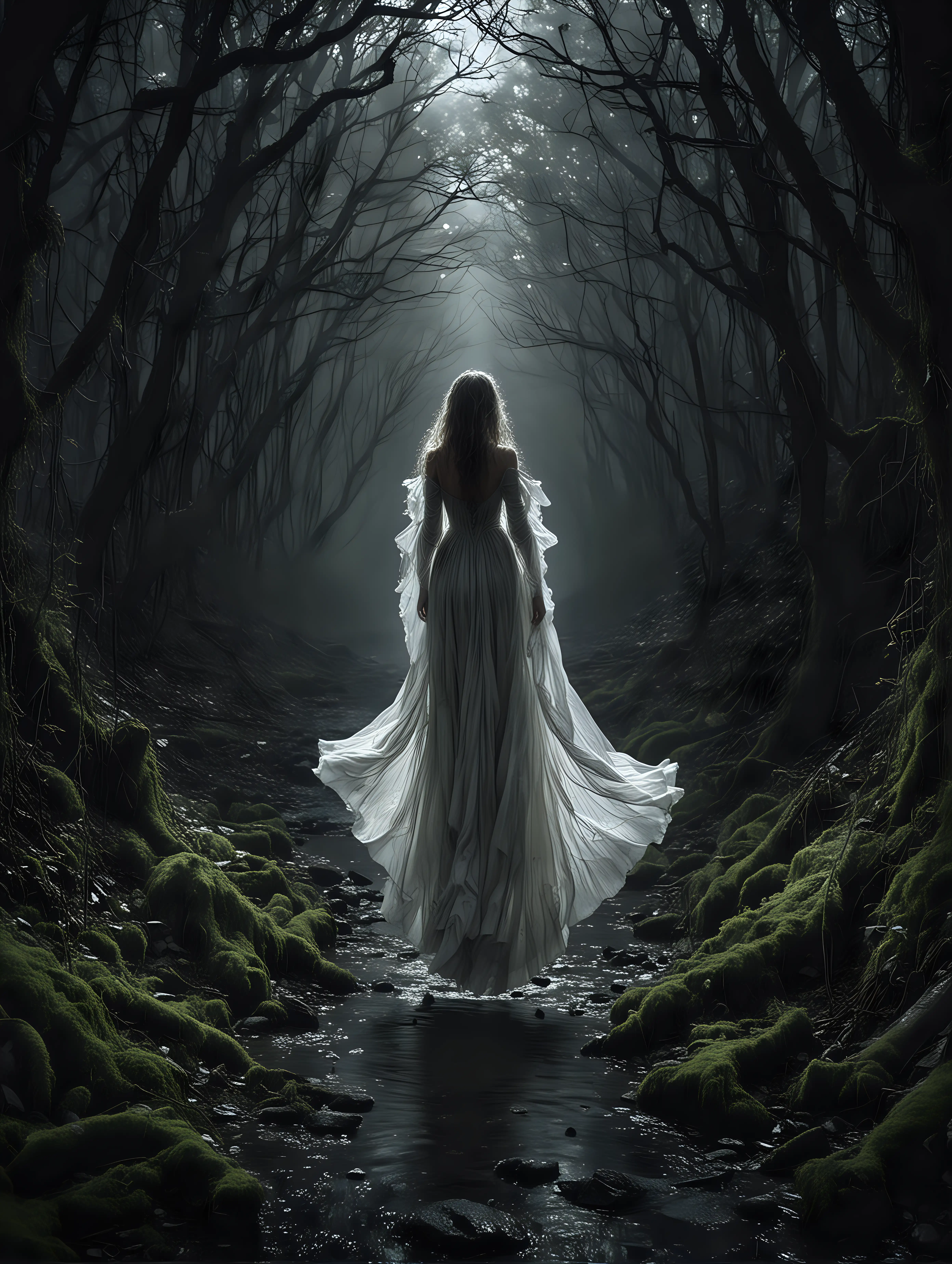 ghostly figure in flowing tattered gown floating through the air over a gully at night in fantasy dark forest 