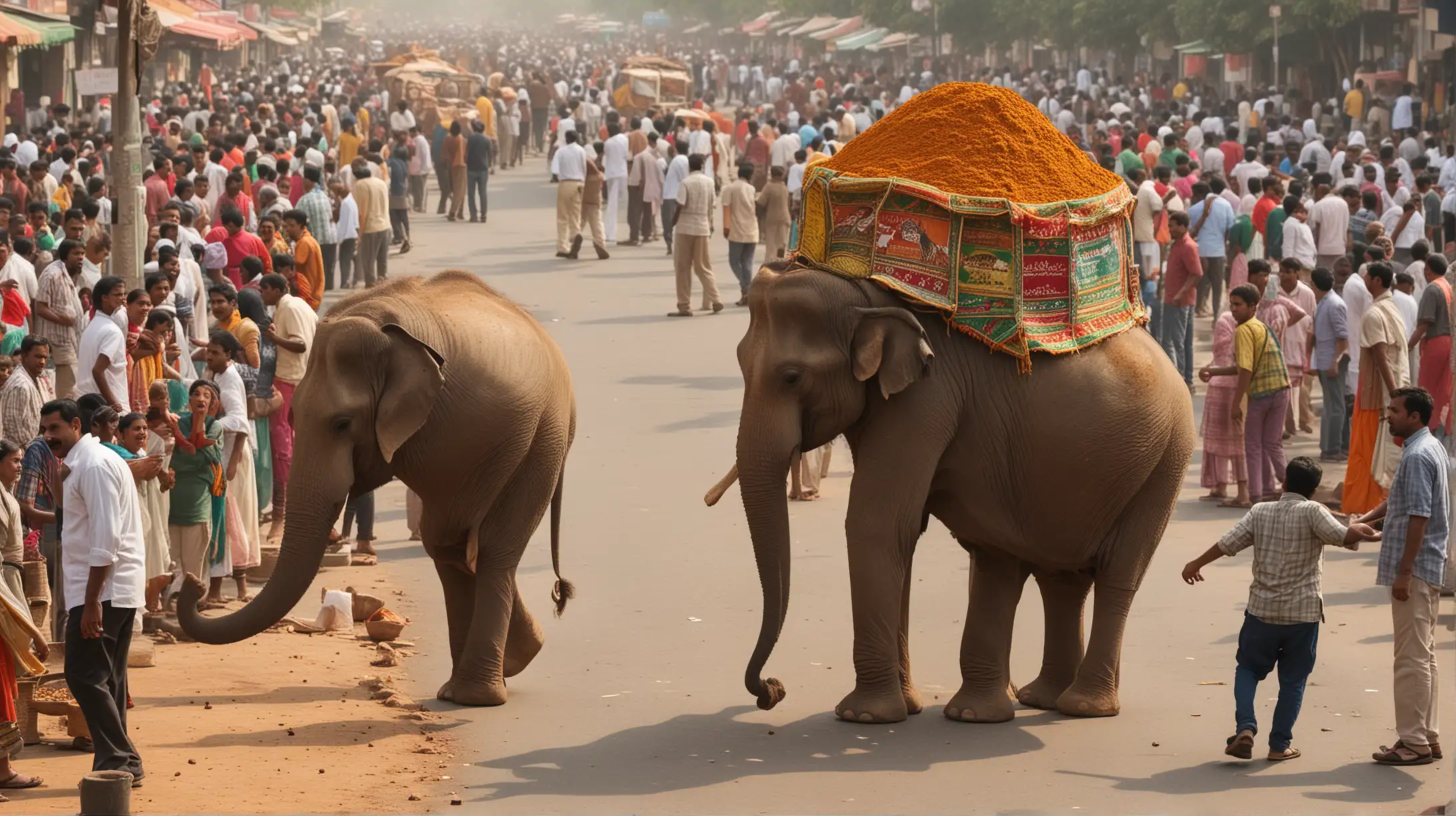 Busy Street Scene with Elephant in Delhi