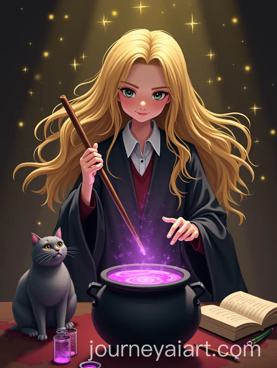 Magical-Girl-Brewing-Potions-at-Hogwarts-with-a-Floating-Cat-and-Sparkling-Lights