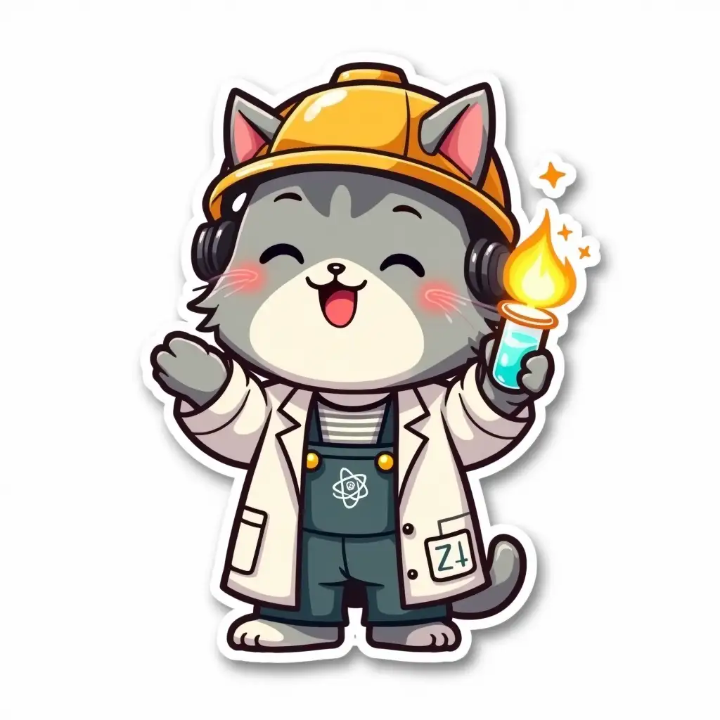 kawaii positive little happy engineer light gray cat in protective helmet, gloves and overalls with an atom symbol on t-shirt, in the lab coat of a laboratory scientist with a glowing test tube in his hands. die cut sticker design top-view, high resolution, vector art, white background, paint in anime style