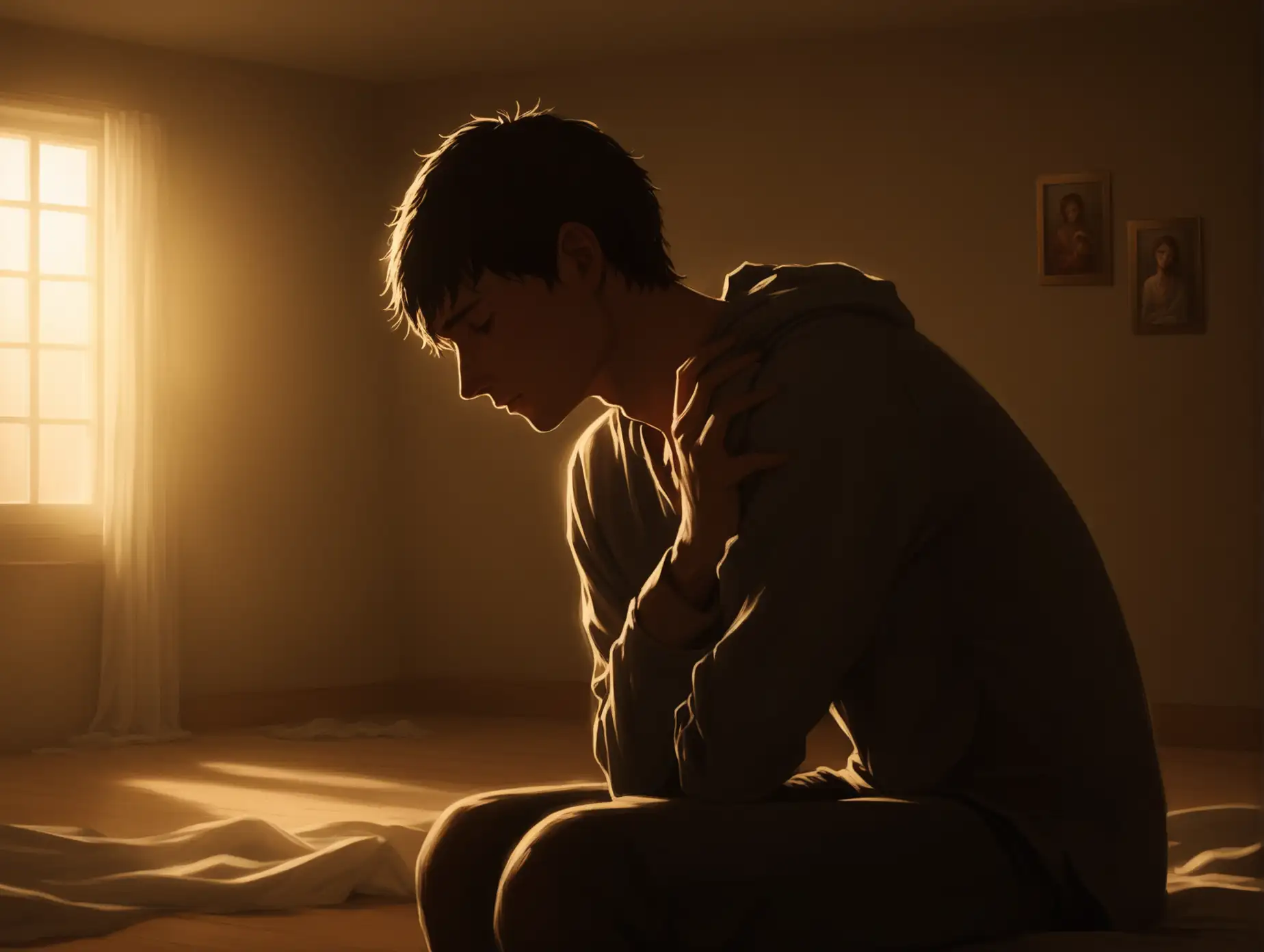 Young-Man-Reflecting-in-a-Warmly-Lit-Room-with-Mother-Nearby