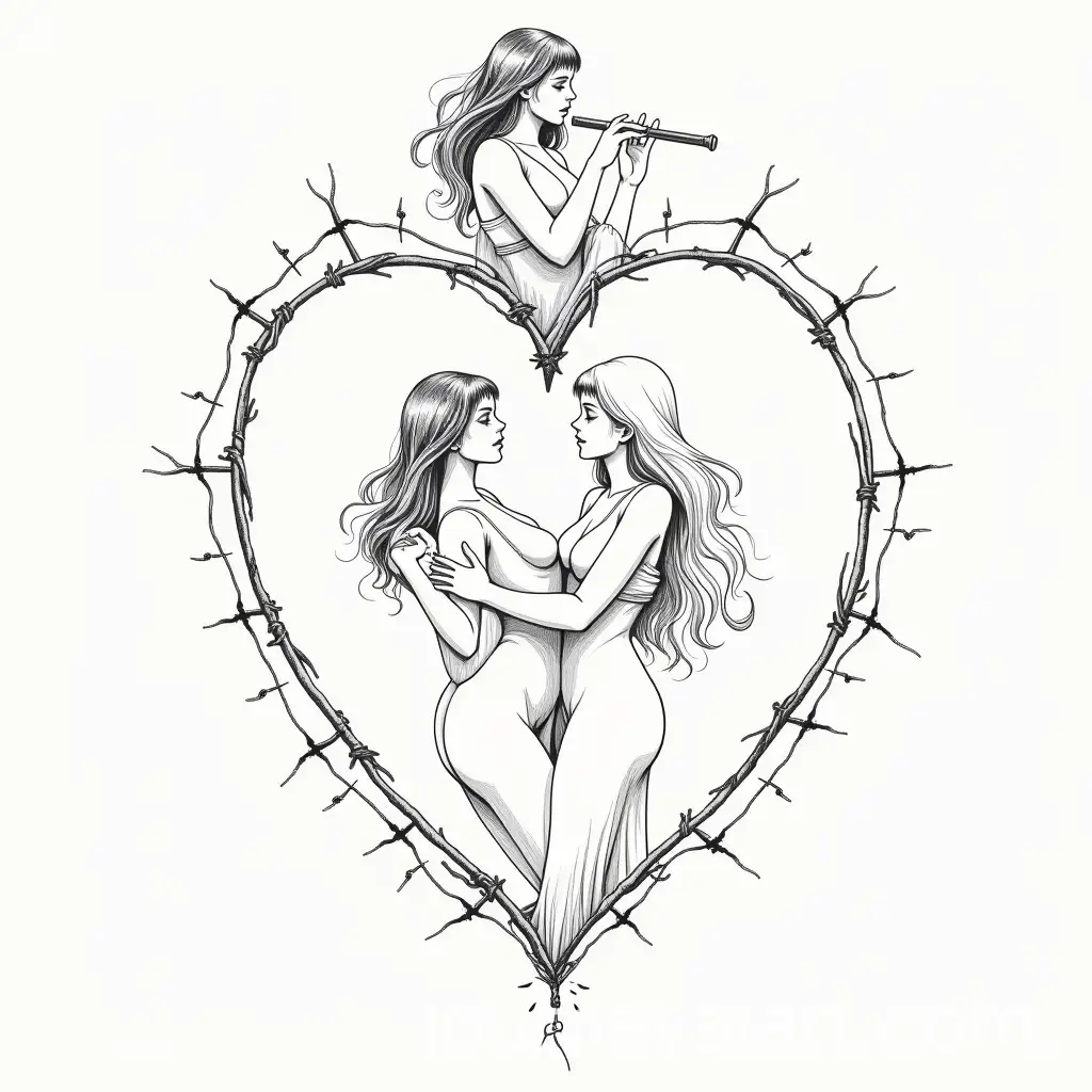 Gothic-Embrace-of-Two-Women-with-Flowing-Clothes-and-Barbed-Wire-Heart