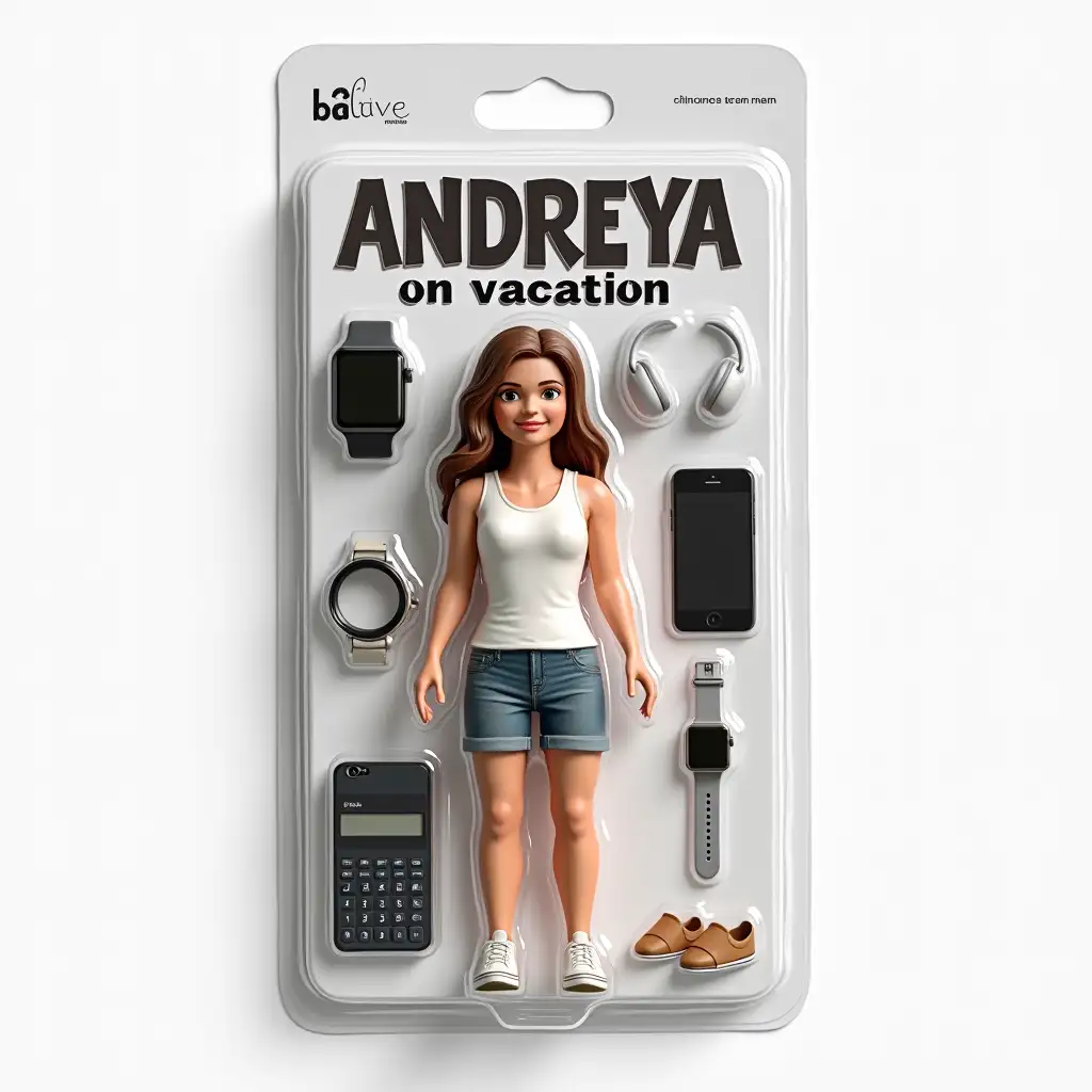 Use this my photo to create your own figure in a blister pack, in the style of a premium class collectible toy. The figure should be standing and smiling casually. On the blister pack there should be a heading with text [ANDREYA], written in large letters, and a subheading [on vacation] under it. In the side sections of the drawing there should be accessories: [smartphone iphone 11pro and wristwatch Apple Watch, calculator].