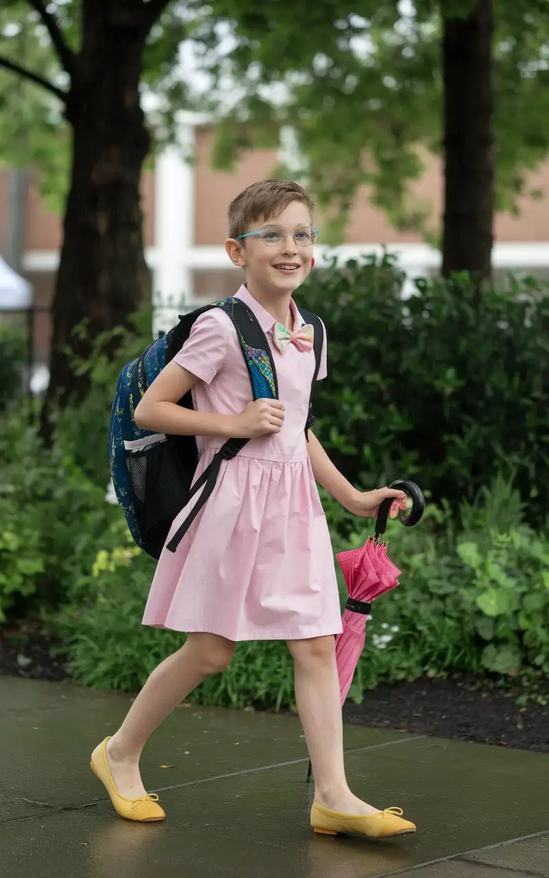 young 10 year old boy wear pink dress and yellow ballet flats and walking to school and smiling