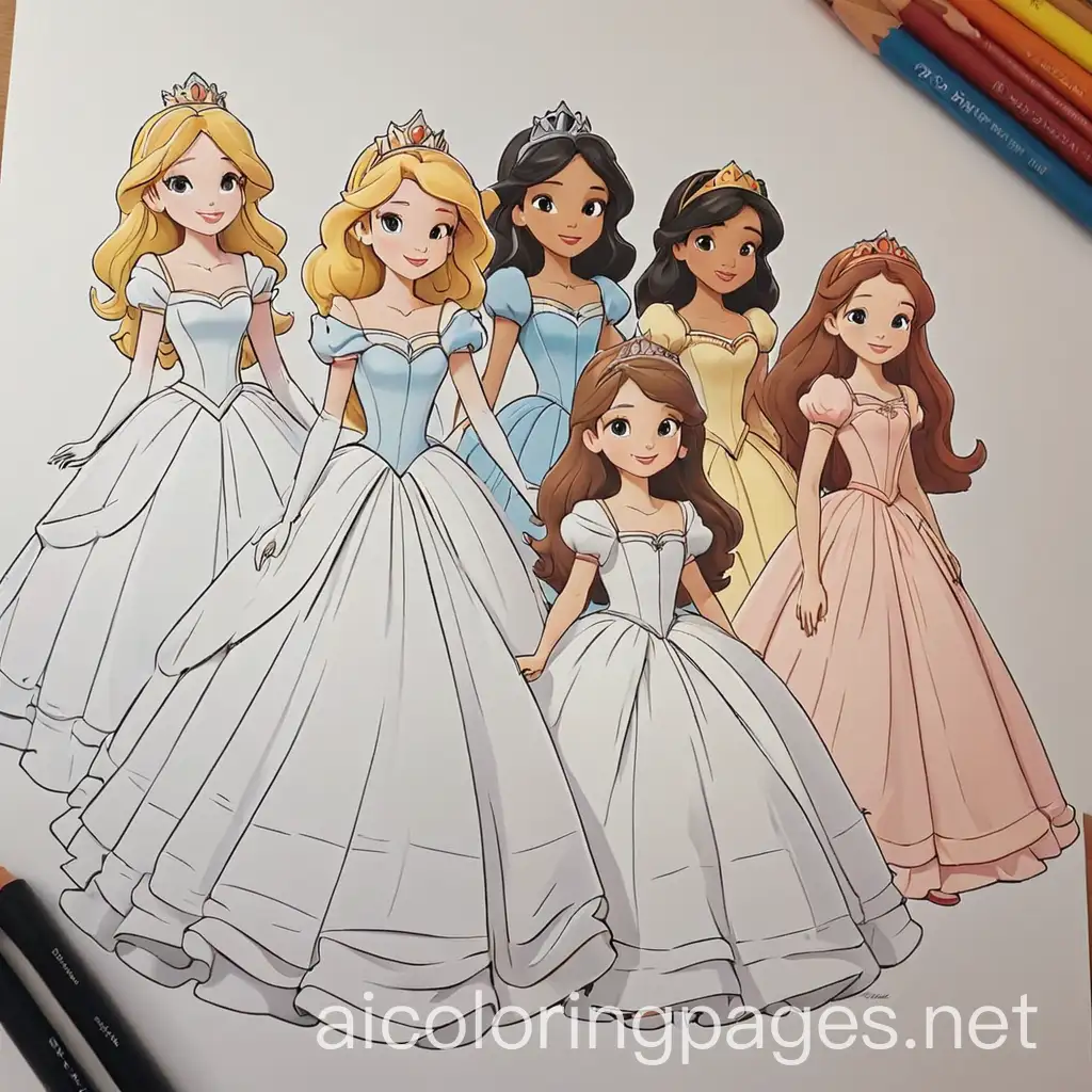 Princesses-with-Visible-Dresses-Coloring-Page