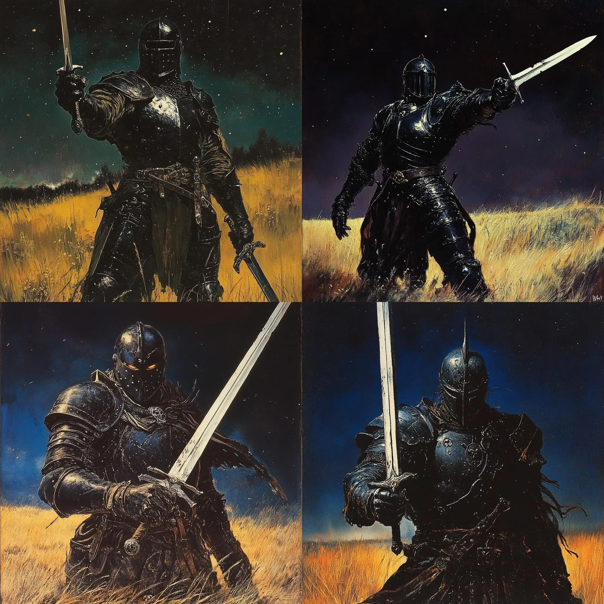 1970s-Dark-Fantasy-Knight-in-Black-Armor-with-Sword-in-Nighttime-Field