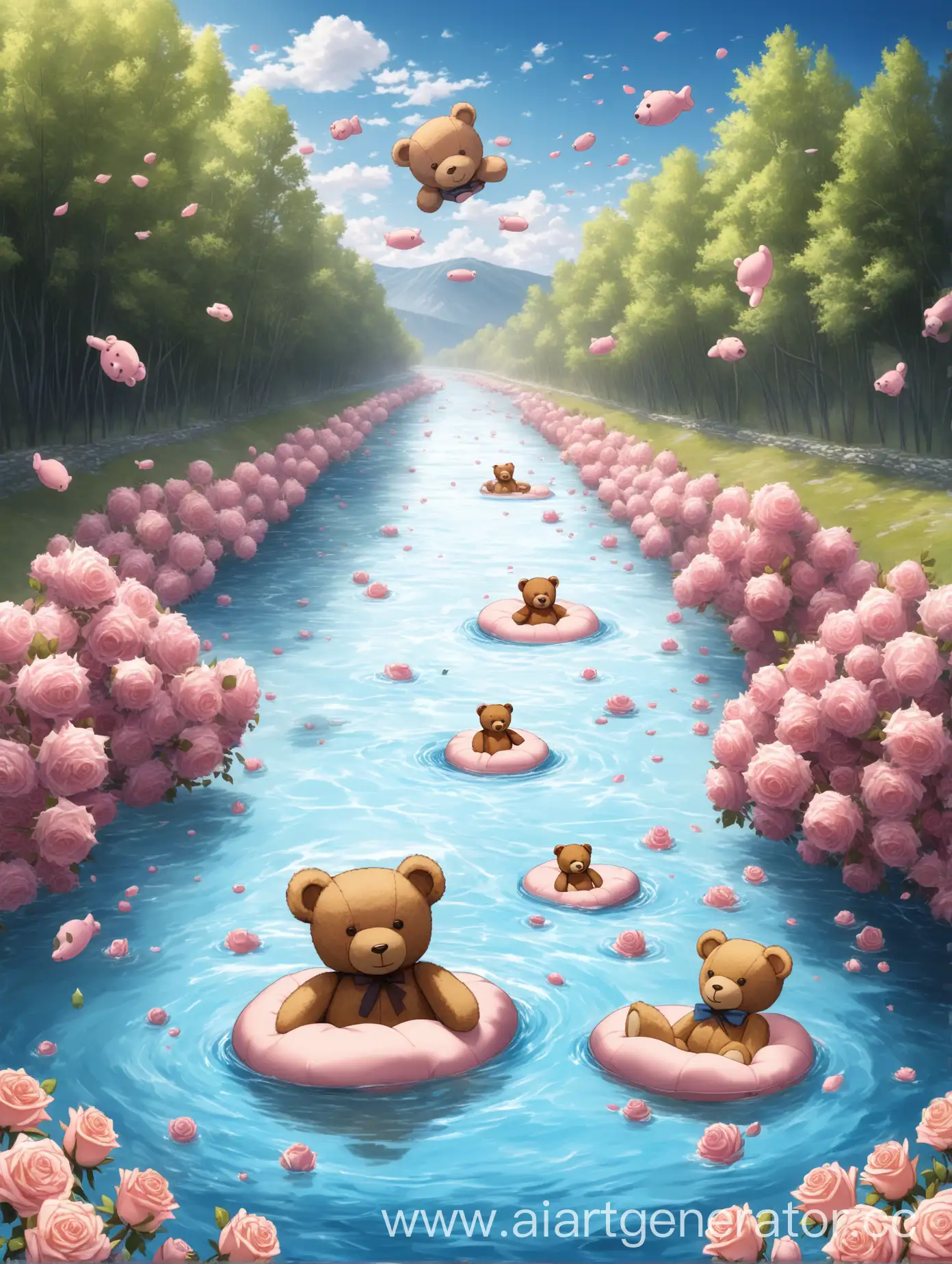 Serene-Blue-River-with-Teddy-Bears-and-Flying-Pillows