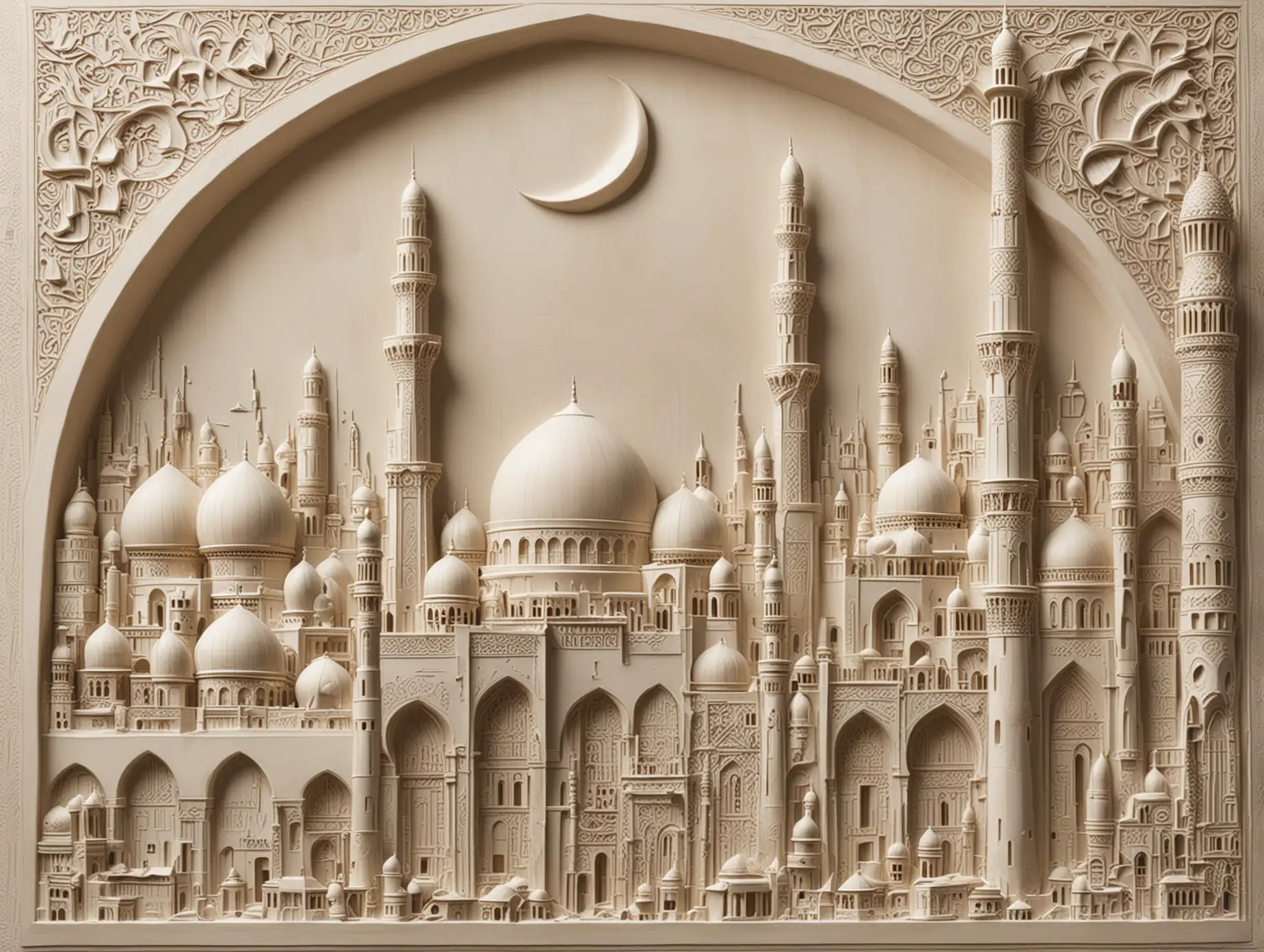 Plaster-Relief-of-a-Mosque-and-Modern-Cityscape