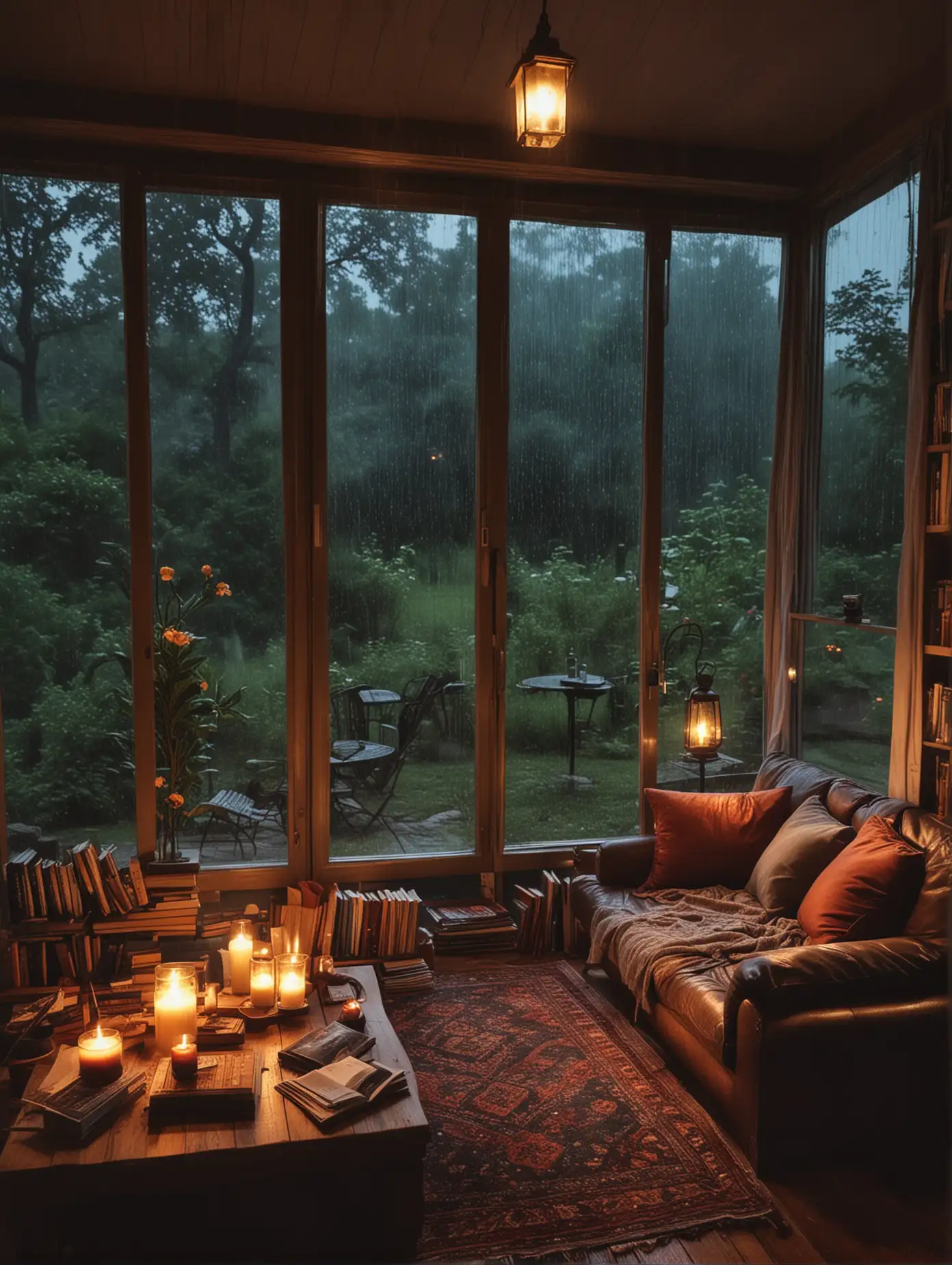 night, rainy day, scenery, sofa, large window, books, outdoor rain, bookshelf, summer, lamp, candle, rug, fire, masterpiece, best quality