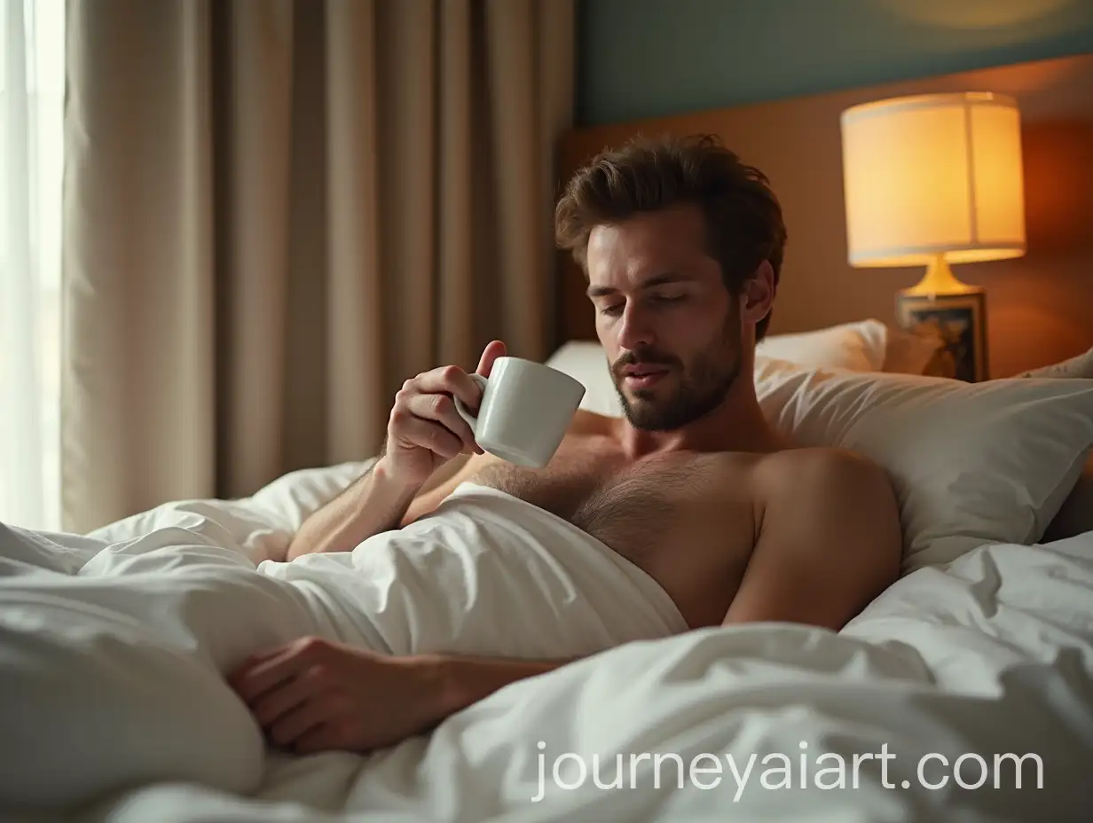 Lazy-Man-Relaxing-in-Hotel-Room-with-Coffee
