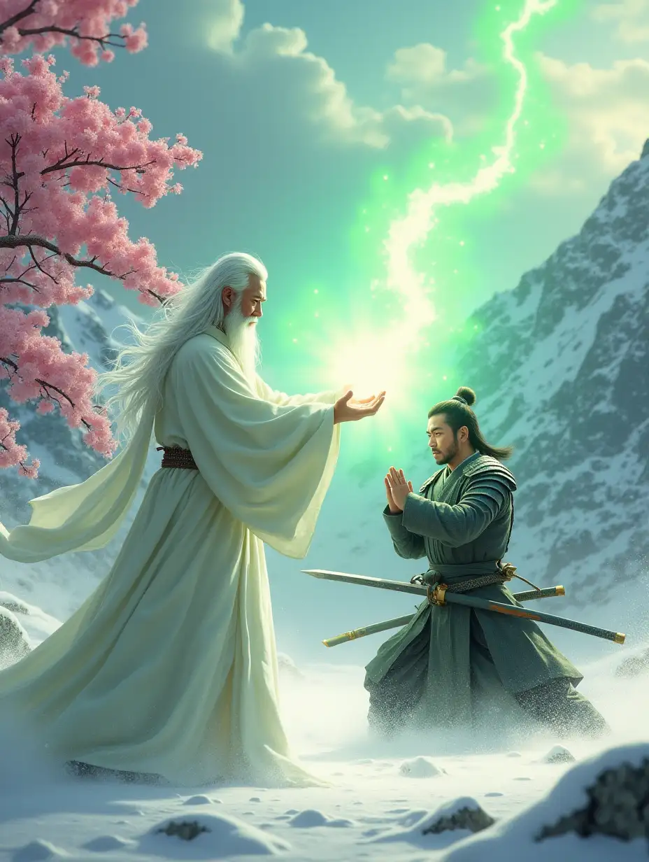 A dynamic and intense scene featuring a wise and powerful Chinese kung fu master unleashing a glowing green energy attack from his palm against a skilled Japanese samurai. The kung fu master has long, flowing white hair and a silver beard, dressed in an elegant white robe, radiating wisdom and inner strength. The samurai, in traditional armor, wields a katana and braces himself for the attack. The setting is a snowy mountain landscape with vibrant pink cherry blossoms blooming amidst the white snow. The glowing green energy illuminates the area, contrasting beautifully with the serene and mystical mountain background.