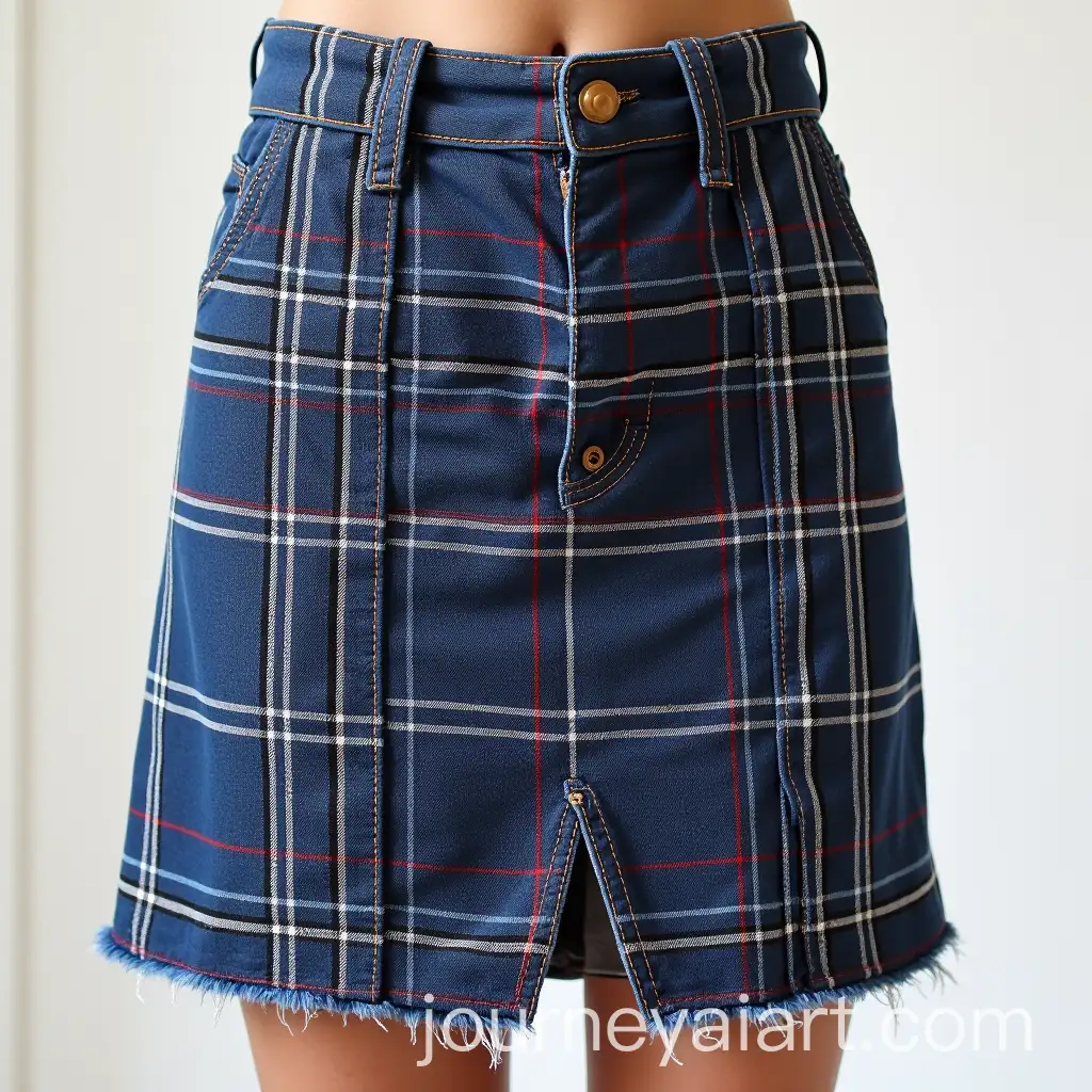 Recycled-Denim-Tartan-Fabric-Short-Skirt-with-LaserCut-Stripe-Design