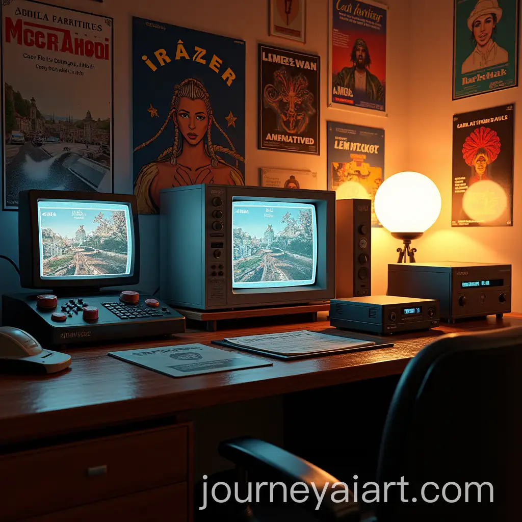 Nostalgic-3D-Rendered-Vintage-Desk-with-Retro-Tech-and-Music-Memorabilia