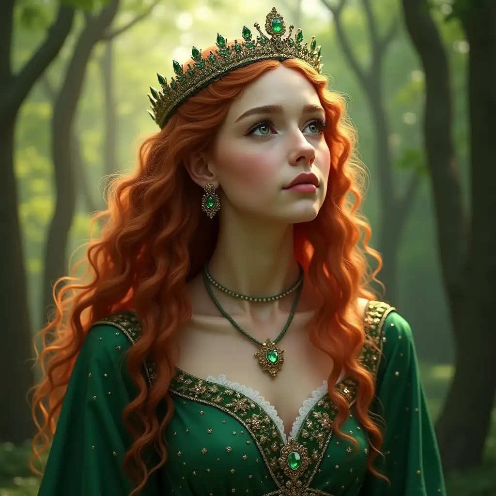 Medieval-Forest-Princess-with-Ginger-Hair-and-Emerald-Jewelry