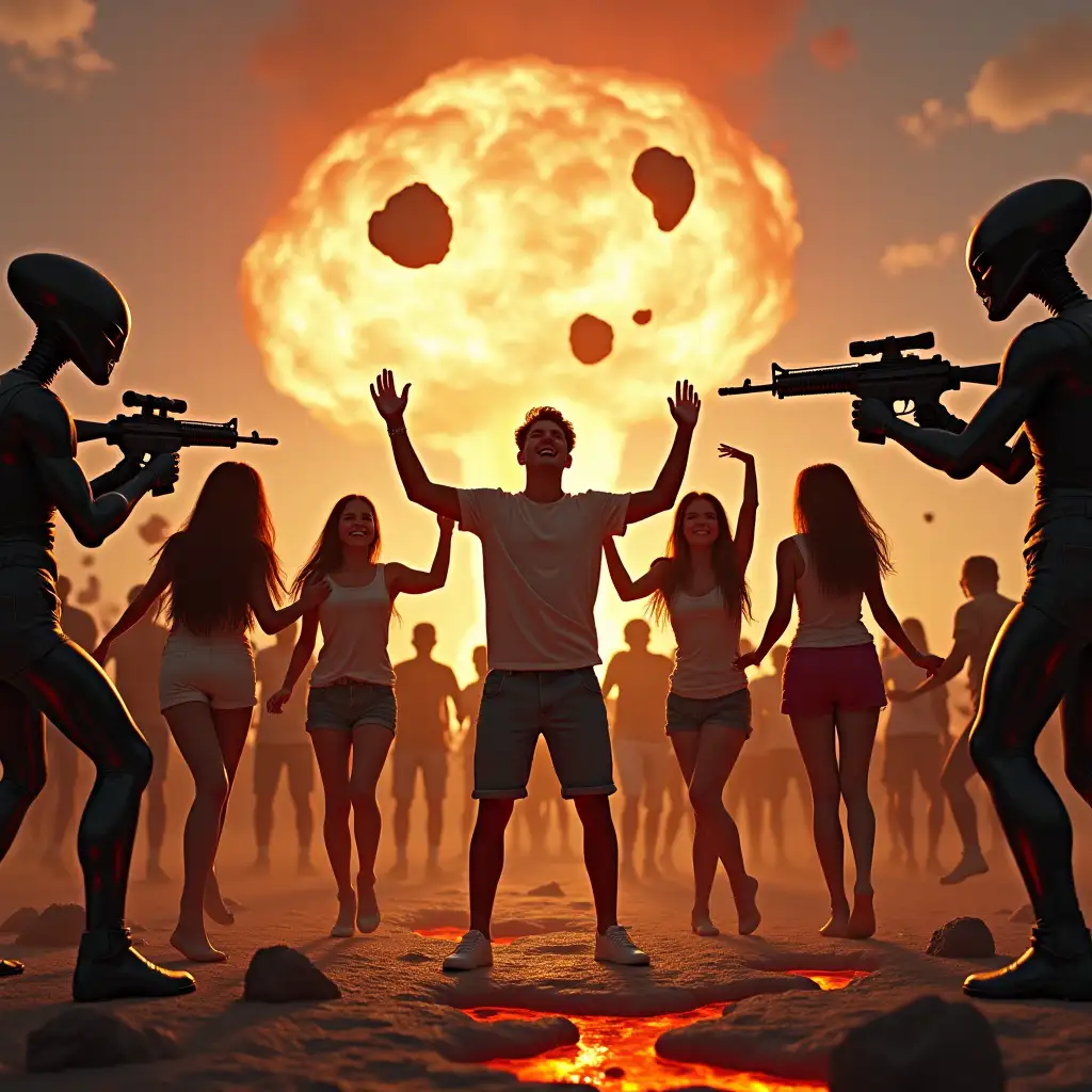 A crowd of young people dancing happily. On both sides, armed aliens aiming at them. In the background, the explosion of an atomic bomb and burning rocks falling from the sky. In the floor, geysers and lava.