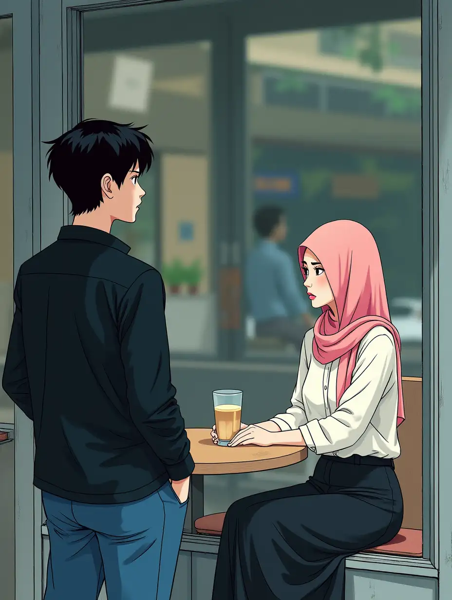 Poetic anime-style sketches from Jakarta cafe windows begin on an afternoon in the 1990s. A young man wearing a black long-sleeved shirt and blue trousers stared at the window, lost in thought. In the blurry reflection, you could vaguely see a young Muslim woman wearing a pink hijab, white shirt, long skirt, black eyes, sitting at the same table with her male lover. Black hair, black eyes, white long-sleeved shirt, black pants, who is angry.