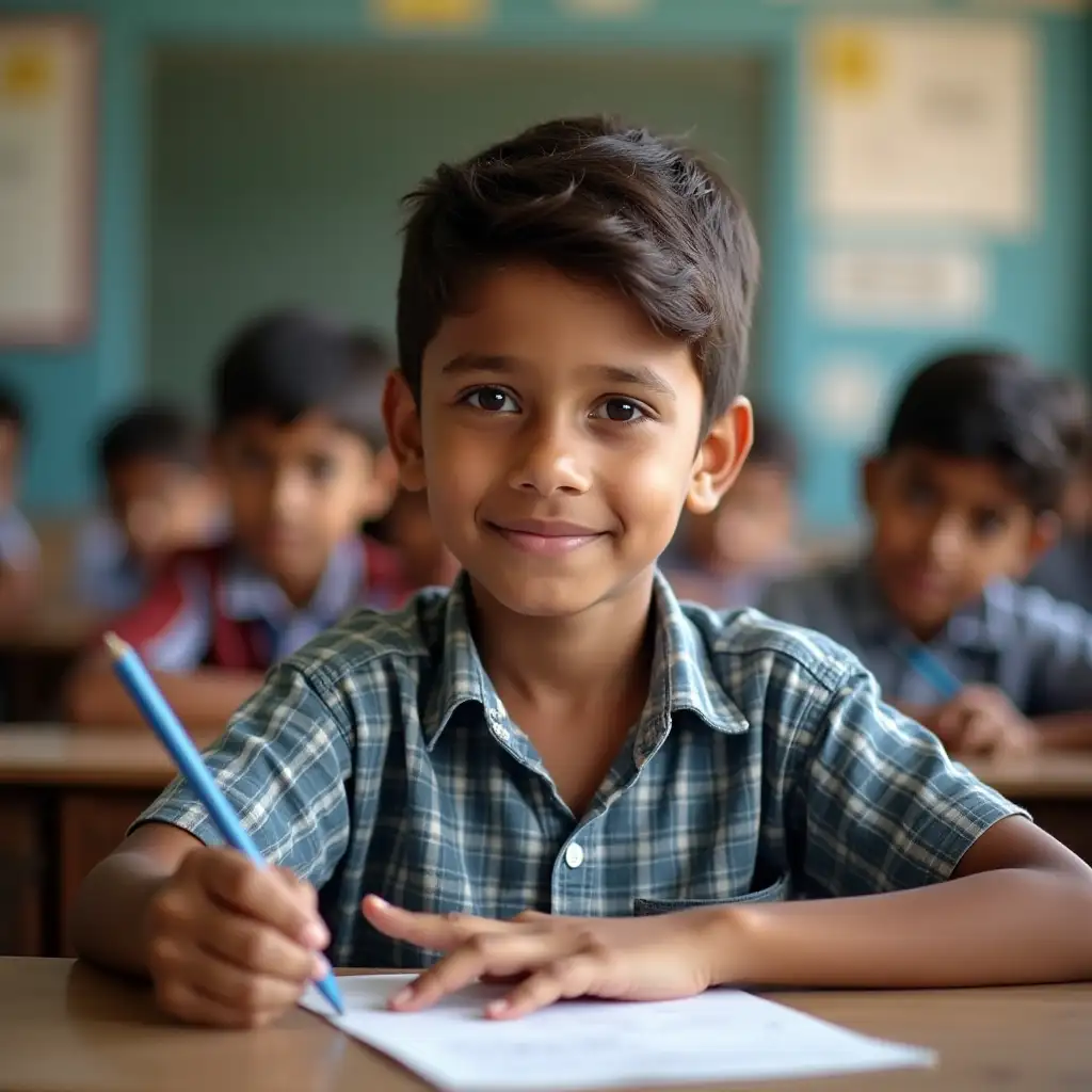 a indian school boy who is sitting in the class . age around 10.