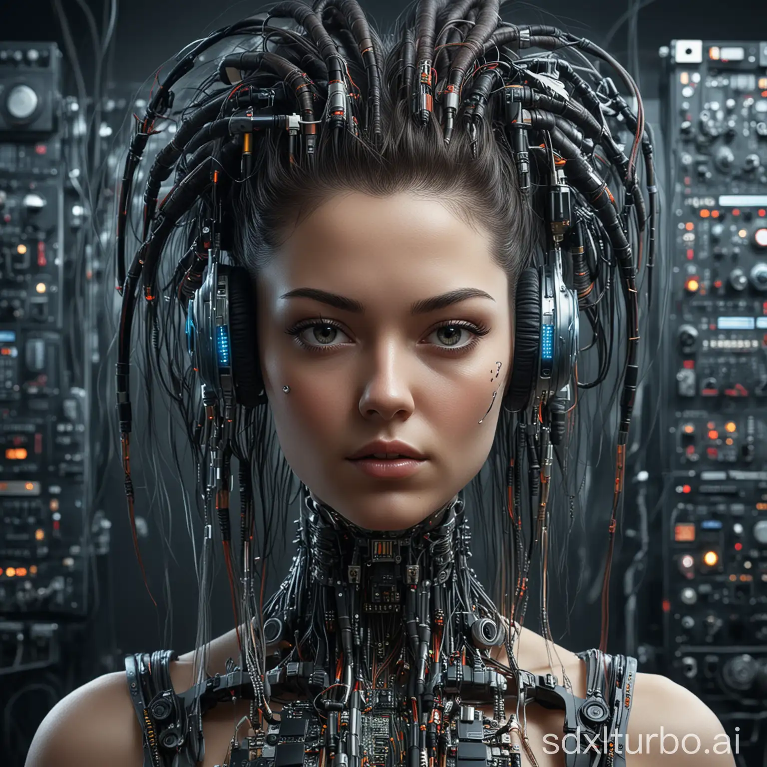 A cybernetic Caucasian female, constructed from an array of electronics and computer components, sports cyberpunk hair as she operates music equipment. This individual embodies a fusion of technology and rebellion, with a distinct industrial EBM aesthetic. In a stunning digital illustration, the intricate details of her cybernetic features and vibrant hair are brought to life with striking clarity. The image exudes a sense of high-quality artistry and skilled craftsmanship, capturing the essence of a futuristic musician seamlessly integrated with machinery.