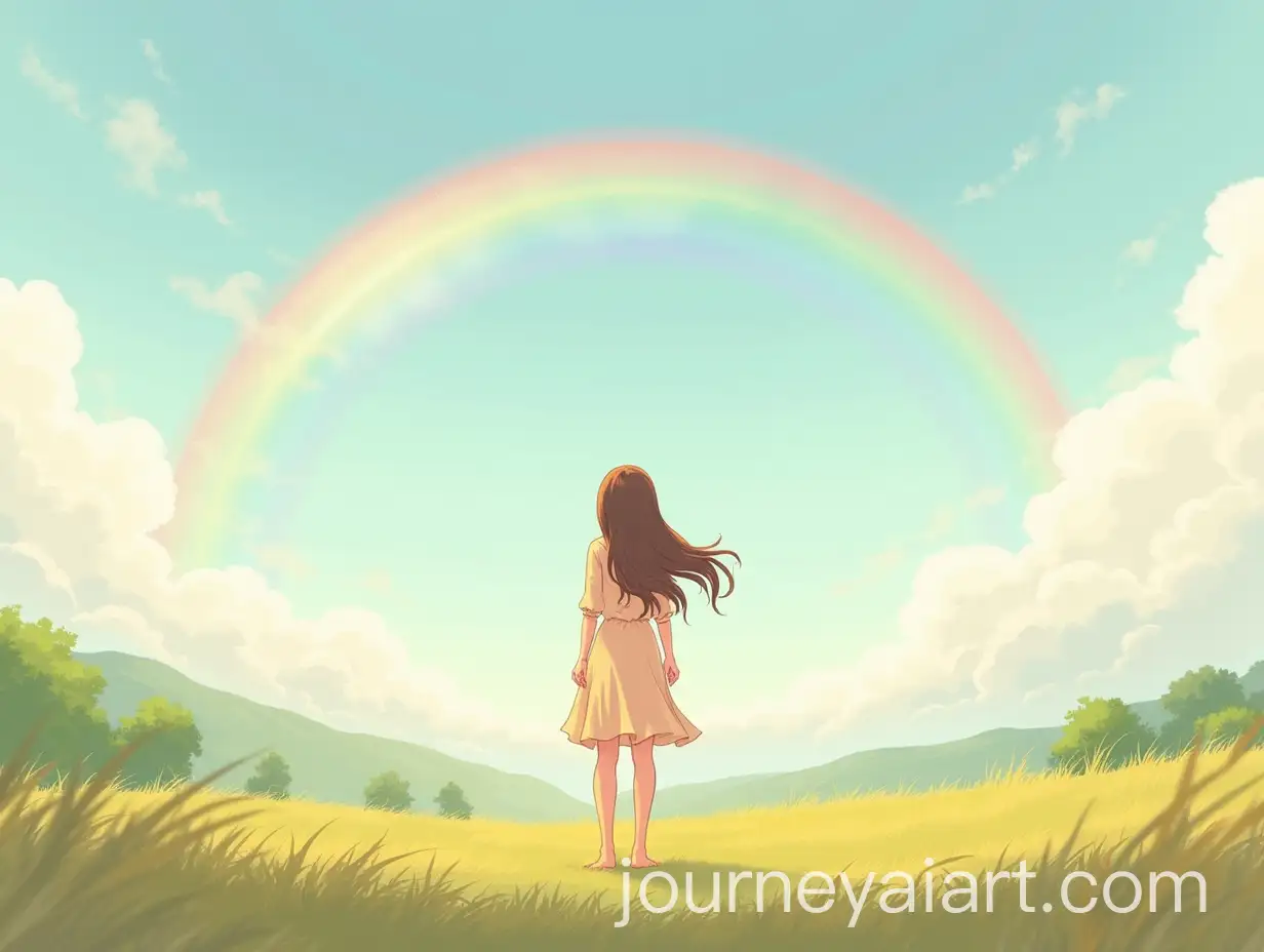 Young-Woman-Admiring-Vibrant-Rainbow-in-Serene-Landscape