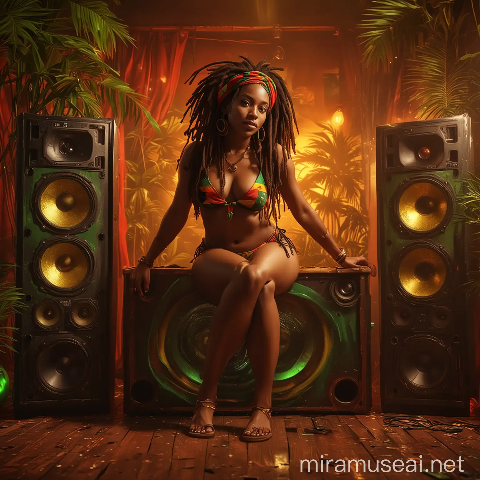 RastaInspired Female Model Relaxing in Dancehall Setting with Chiaroscuro Effect