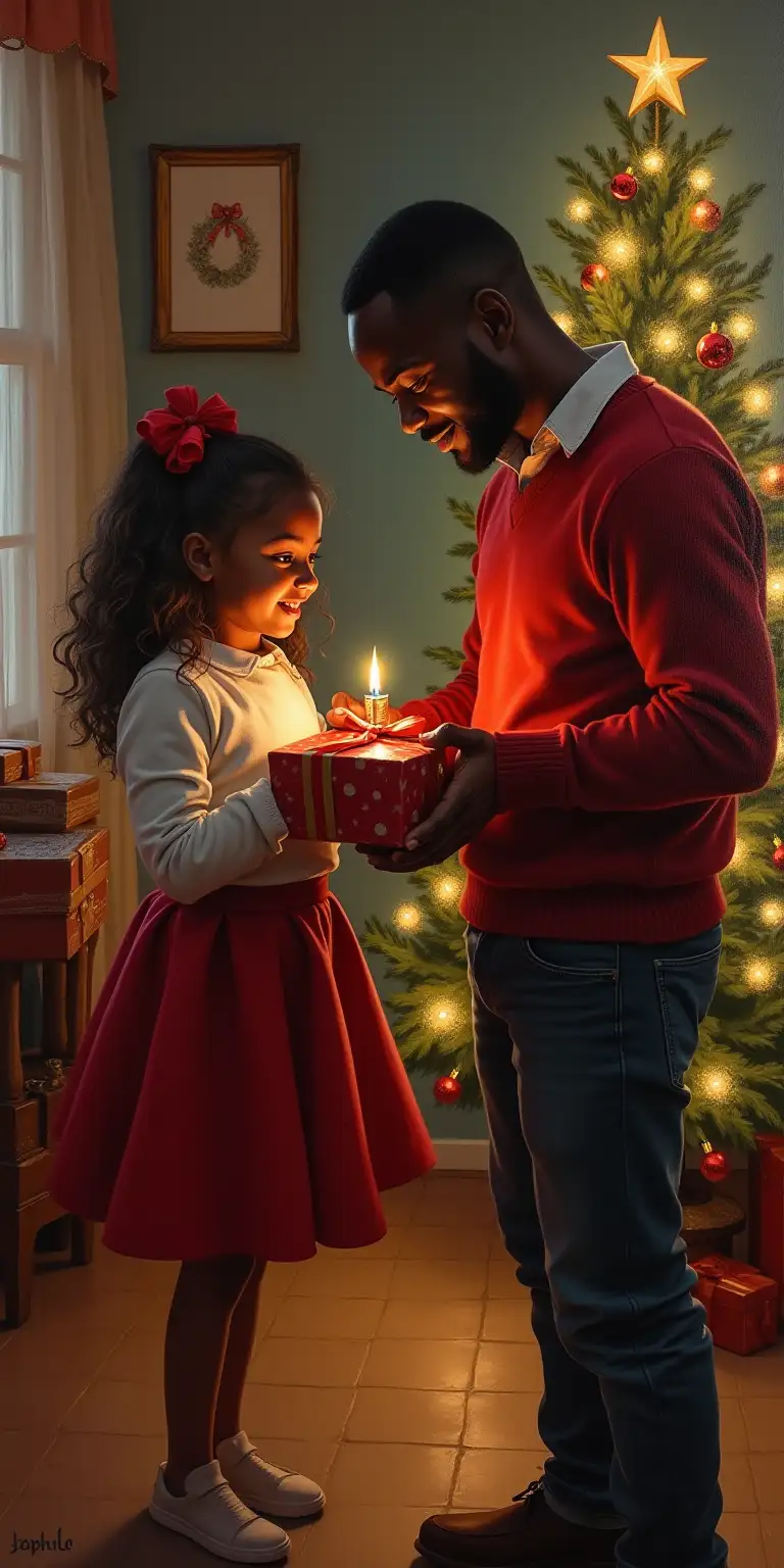 Black Father Receiving Christmas Gift from 5YearOld Daughter in Oil Painting