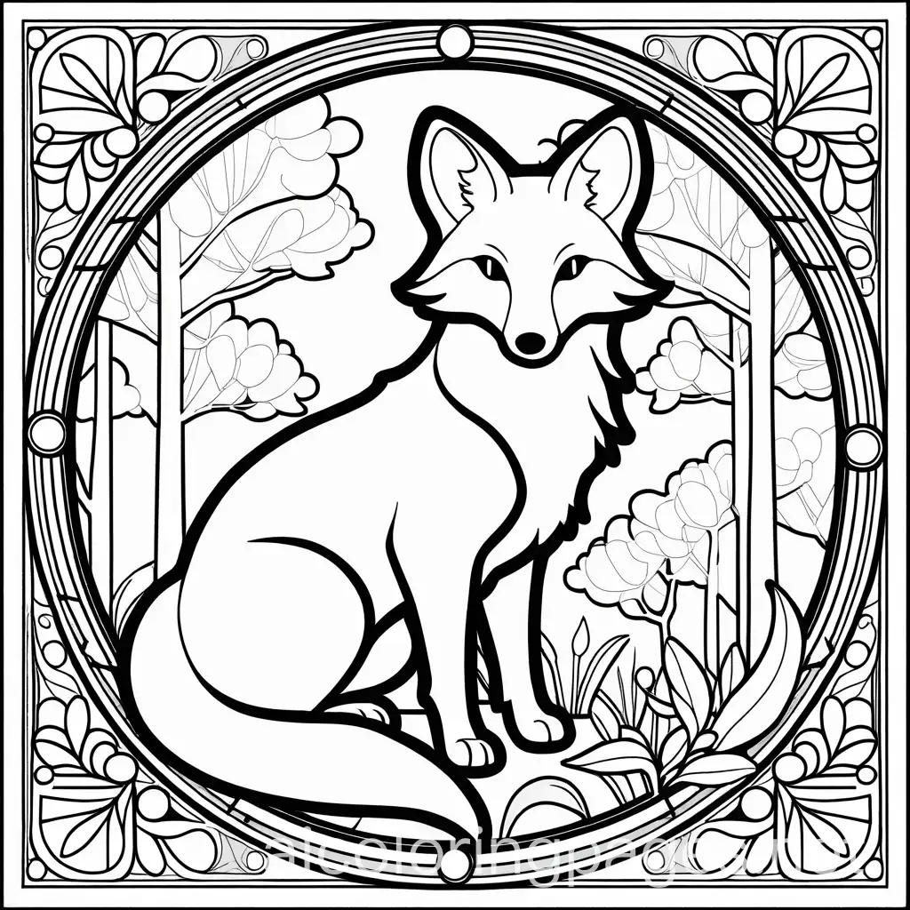 minimalistic clip art of A fox in a forest setting with leaves and flowers, surrounded by a decorative stained-glass border. line art, bold lines, no greyscale, simple coloring page, black and white, line art, white background, Simplicity, Ample White Space. The background of the coloring page is plain white to make it easy for young children to color within the lines. The outlines of all the subjects are easy to distinguish, making it simple for kids to color without too much difficulty, Coloring Page, black and white, line art, white background, Simplicity, Ample White Space. The background of the coloring page is plain white to make it easy for young children to color within the lines. The outlines of all the subjects are easy to distinguish, making it simple for kids to color without too much difficulty