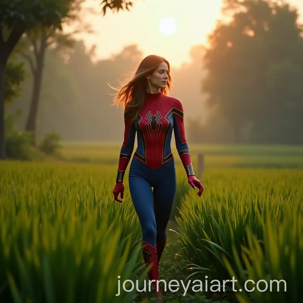 SpiderMan-Woman-Walking-Through-Lush-Indonesian-Fields-in-Red-and-Blue-Costume