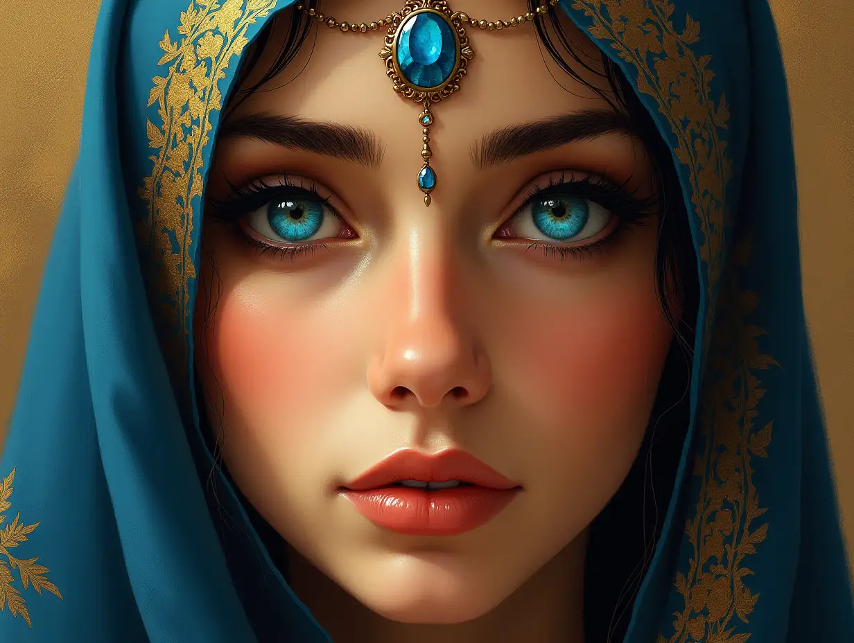 Beatrix Islamic Arab woman, Zarqaa Al Yamama', with her blue legendary eyes. Painted style image.