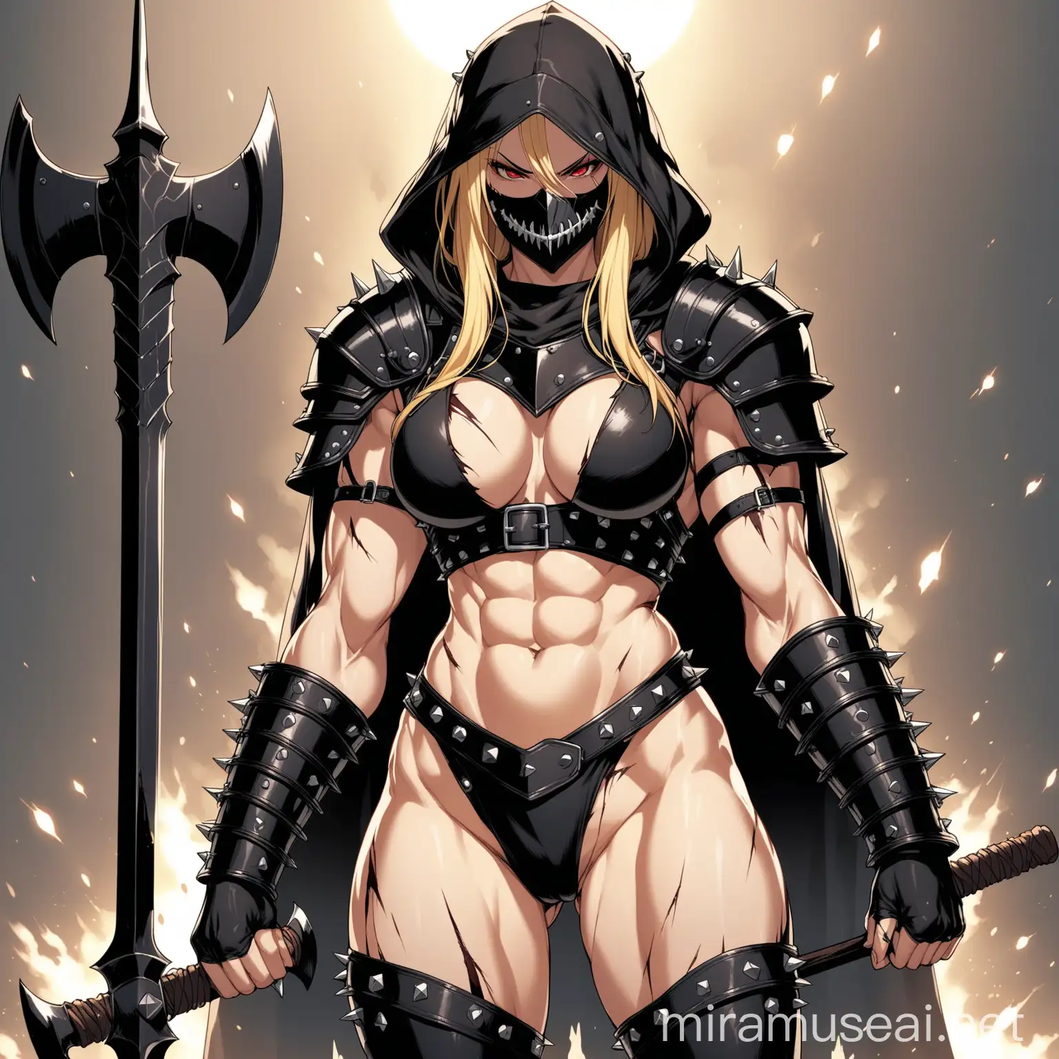 masterpiece, best quality, very aesthetic, absurdres, safe, a muscular woman, red eyes, scars on her body, black bandages, battered leather straps, a studded steel shoulder pad, executioner full mask hood. blonde hair under the mask hood. abdominals, abdomen exposed, long body. dangly straps. holding high a executioner big axe. smiling, evil smirk. in proud pose. high detail, high quality. in epic anime