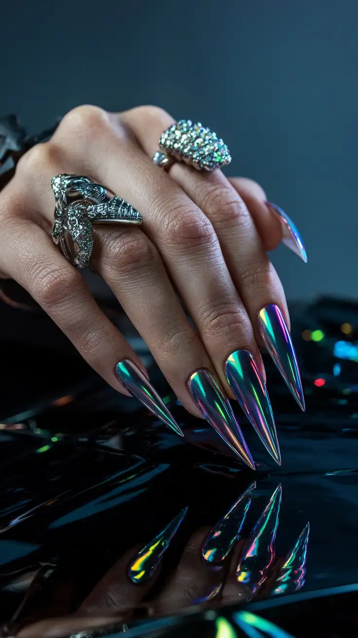 Closeup-of-Glamorous-Womans-Hand-with-Iridescent-Chrome-Stiletto-Nails-and-Bold-Rings