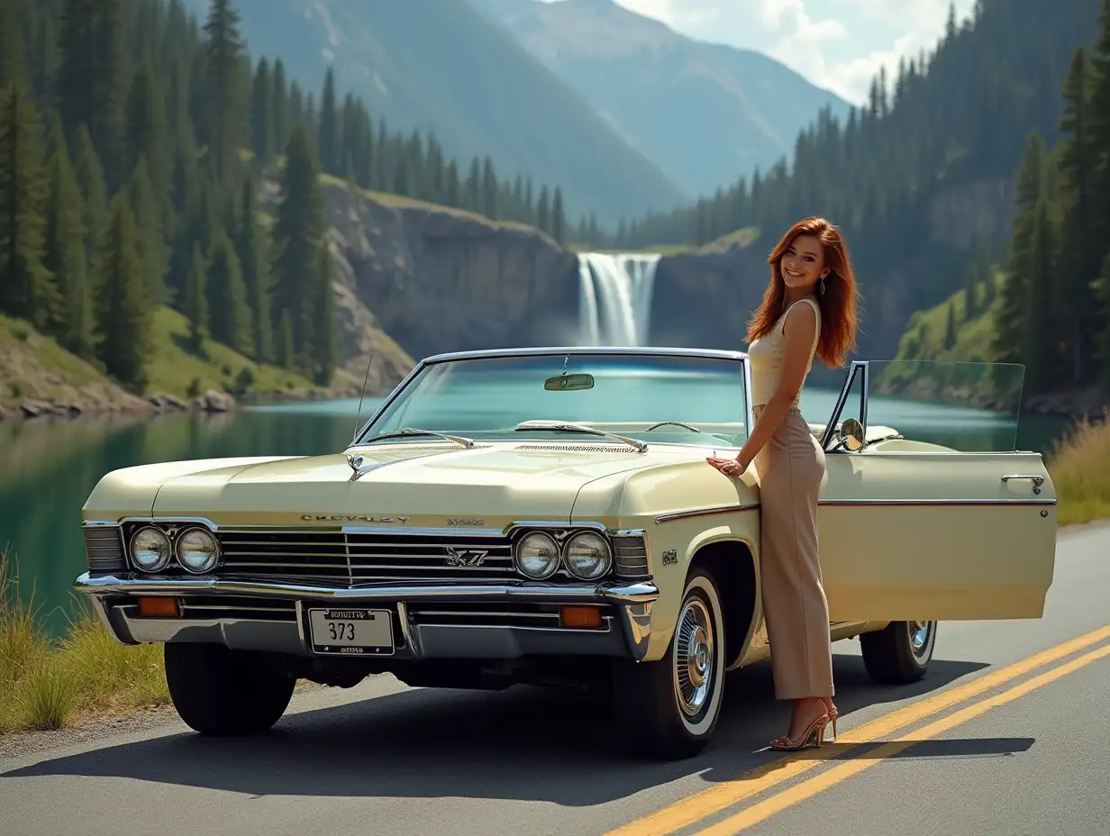 parked on a road with a mountain scene and a waterfall with a small lake is a (ultra-detailed) 1967 chevrolet impala convertible front side view with open divers door,standing by the outside edge of the open car door is a 33 year old woman [4k]with auburn hair,blue eyes ,light smile, wearing 60s clothing