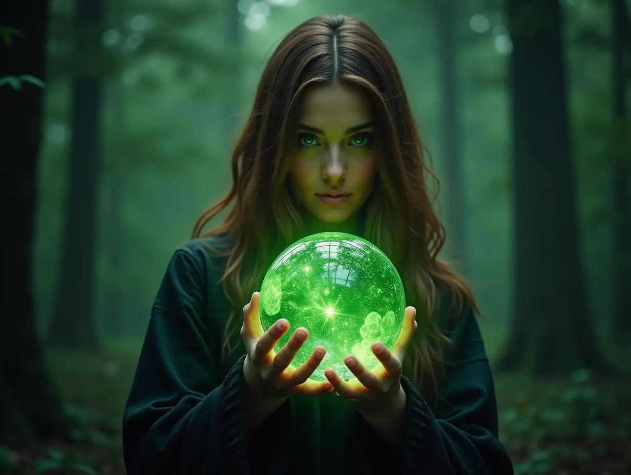 Beautiful witch brown hair and eyes  powerful, magnificent, magical with green lighting sphere in her hands. On the background mysteries wood