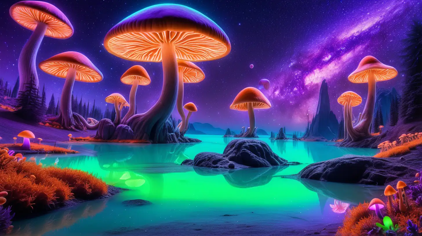 Enchanted NeonGreen Mushroom Forest with Luminescent Purple Flowers