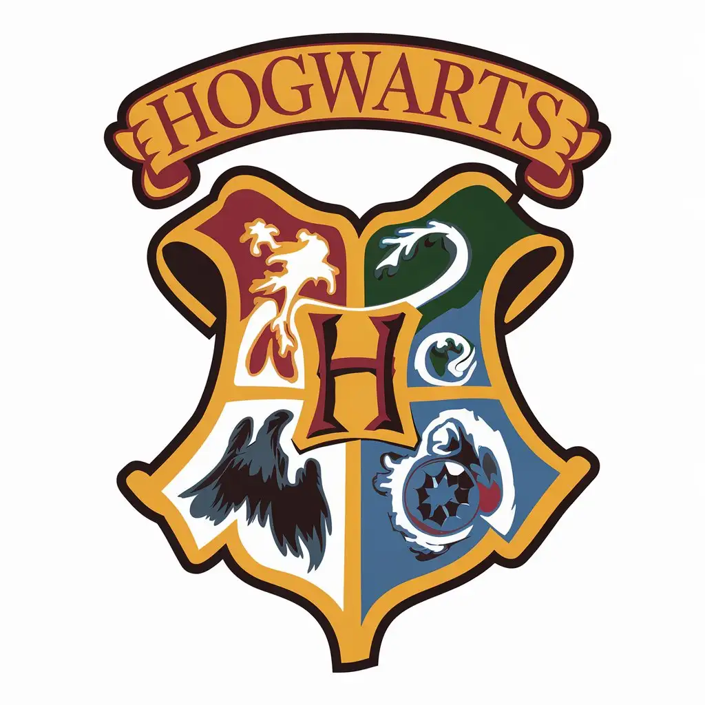 LOGO Design for Hogwarts Gold Blue Yellow Green Emblem on a Clear Background