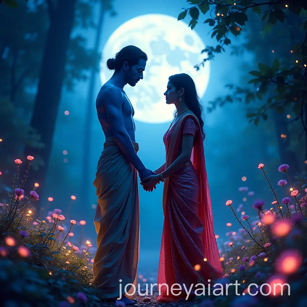 Magical-Moonlit-Romance-in-an-Enchanted-Forest-with-a-BlueSkinned-Figure-and-Woman-in-Sparkling-Sari