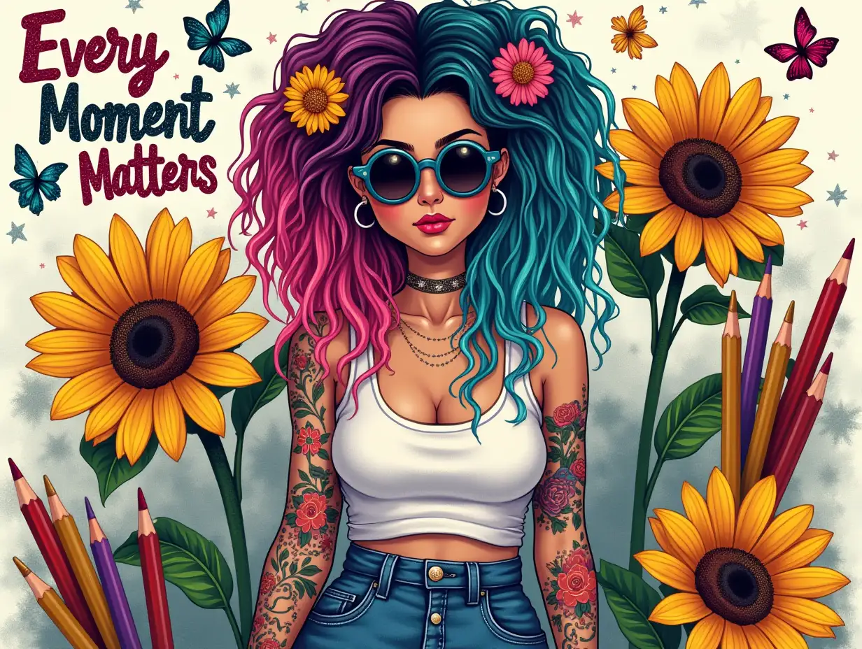 hand drawn art, seamless design. Create a portrait of a stylish woman with vibrant, multi-colored hair (black, teal, and pink) adorned with flowers. She wears round sunglasses and is surrounded by art supplies like colored pencils and paint. Her intricate tattoos are visible on her arms, and she is dressed casually in jeans. The background features large sunflowers and colorful butterflies, enhanced by a dreamy, sparkling effect of star-shaped glitter. The text 'Every Moment Matters' should be written in bold, colorful letters, with a neon effect. The background should be filled with glitter and other decorative elements.