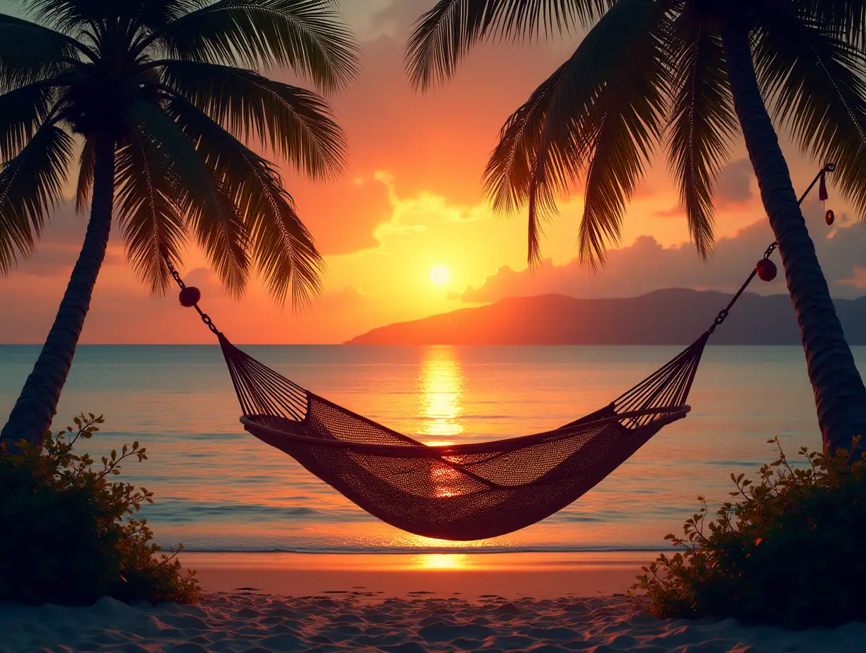 Sunset behind a tropical island with a hammock swinging in the wind