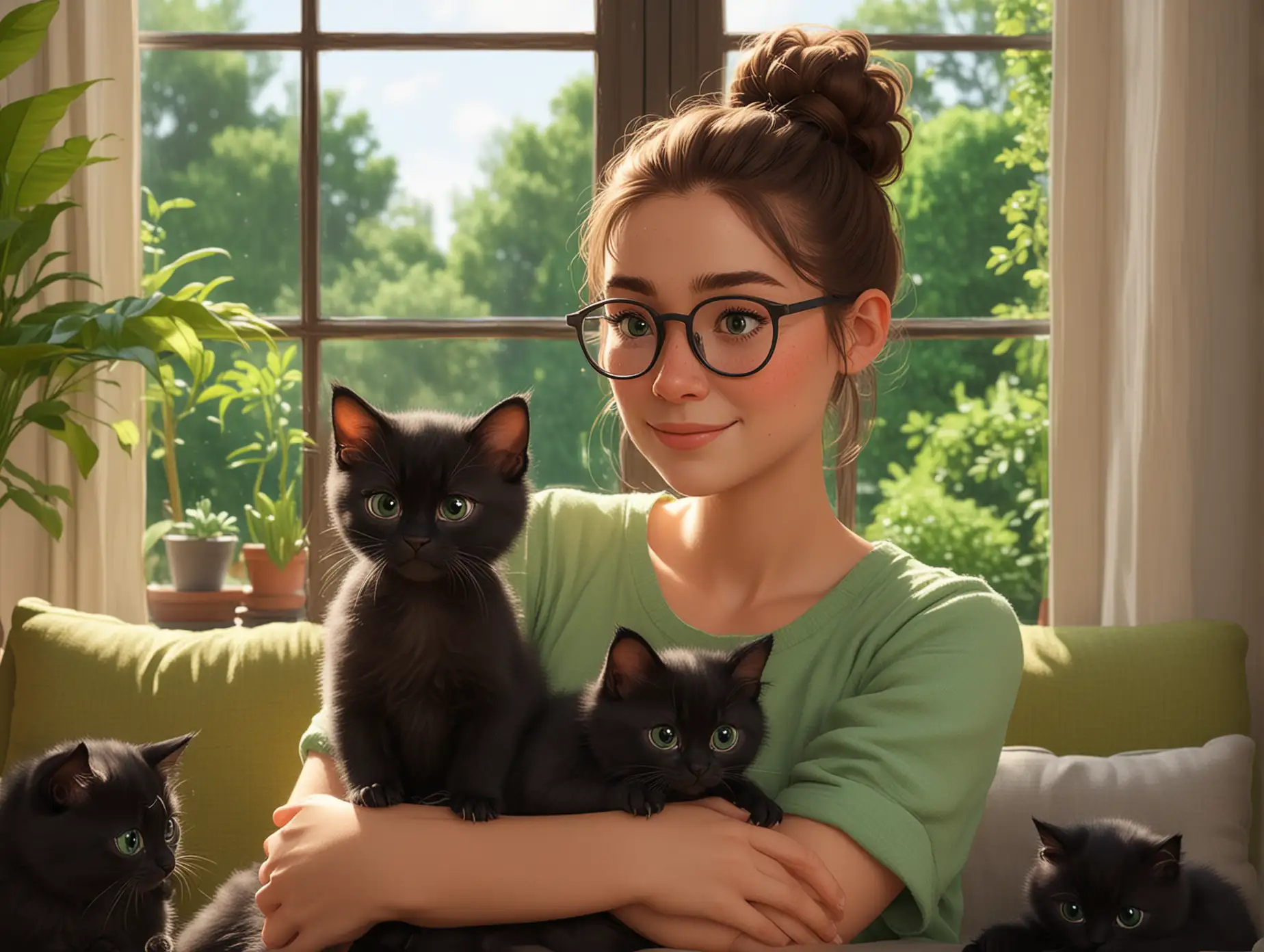 Woman-Working-from-Home-with-Black-Kittens-and-Green-Landscape