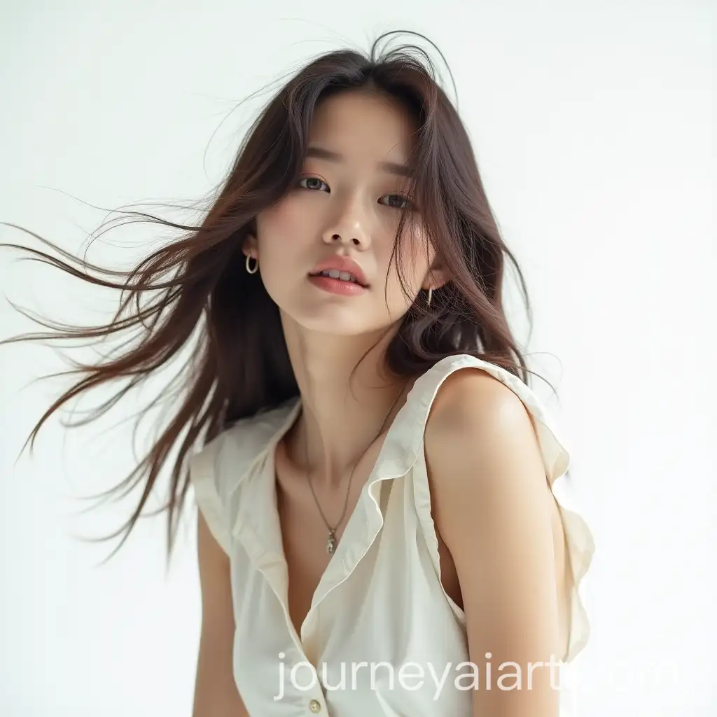 Korean-Idol-Model-Photoshoot-with-WindBlown-Hair-in-White-Studio
