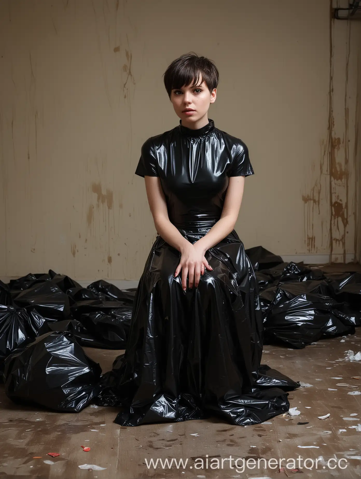 Girl-in-Latex-Dress-Kneeling-with-Garbage-Bag-in-Dark-Fearful-Room