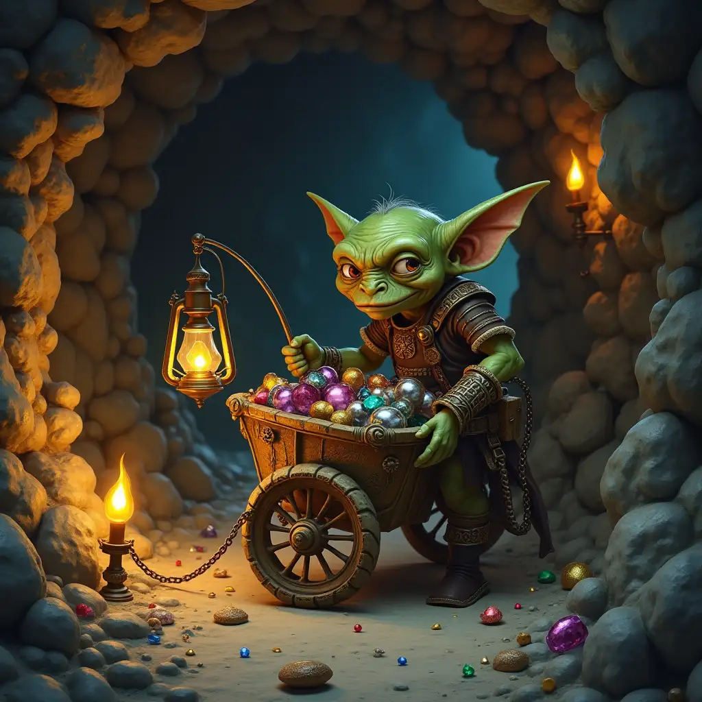 A young goblin in a mine, with gems, gold, silver, and torches affixed to the walls. Antique items are piled into a cart, with a lantern attached to it, which he pushes