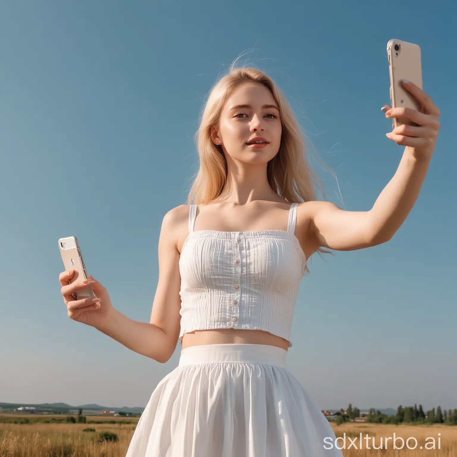 Wearing a white long skirt, a fair-skinned girl is taking selfies with a mobile phone under the blue sky