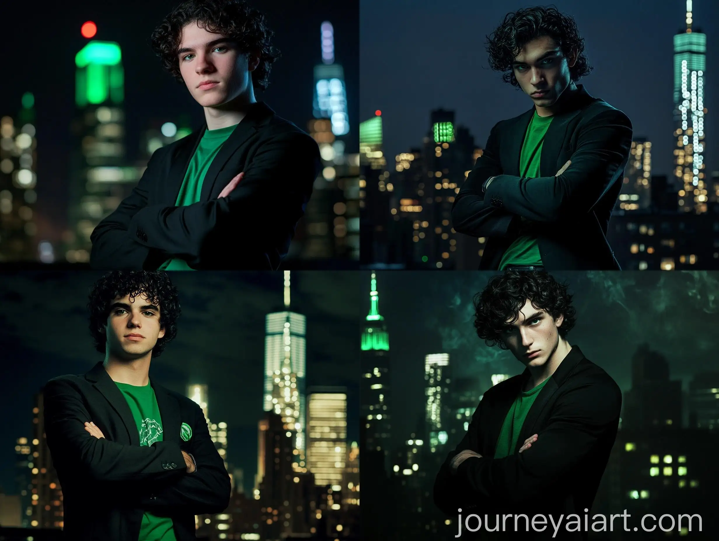 Confident-Young-Man-in-Black-Blazer-and-Green-TShirt-Against-Night-Manhattan-Skyline