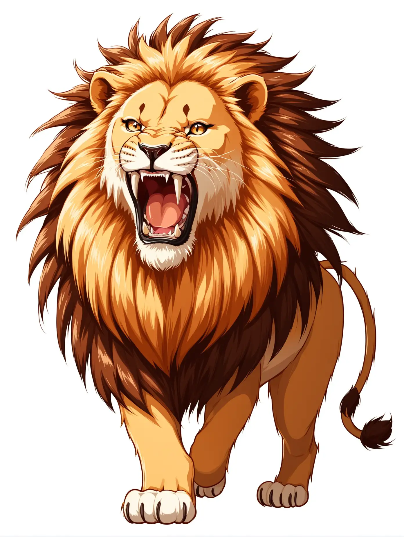 A roaring male lion on a clean white background, 2D cartoon style