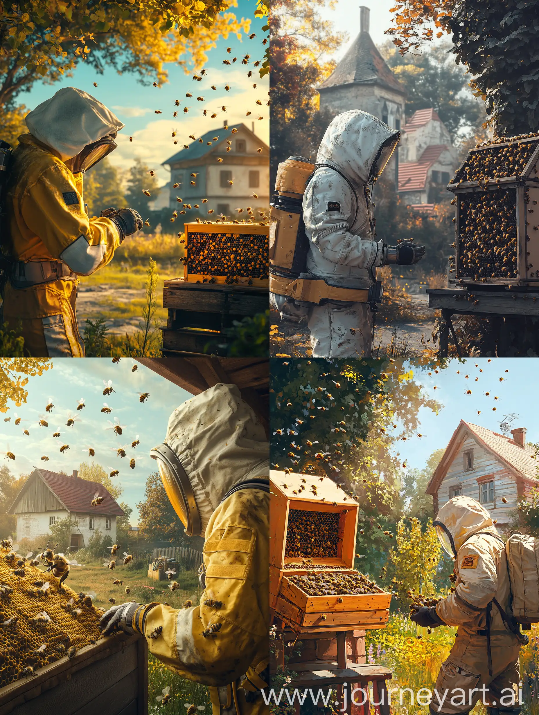 Beekeeper-in-Shock-at-Cyberpunk-Hive-in-Rustic-Village