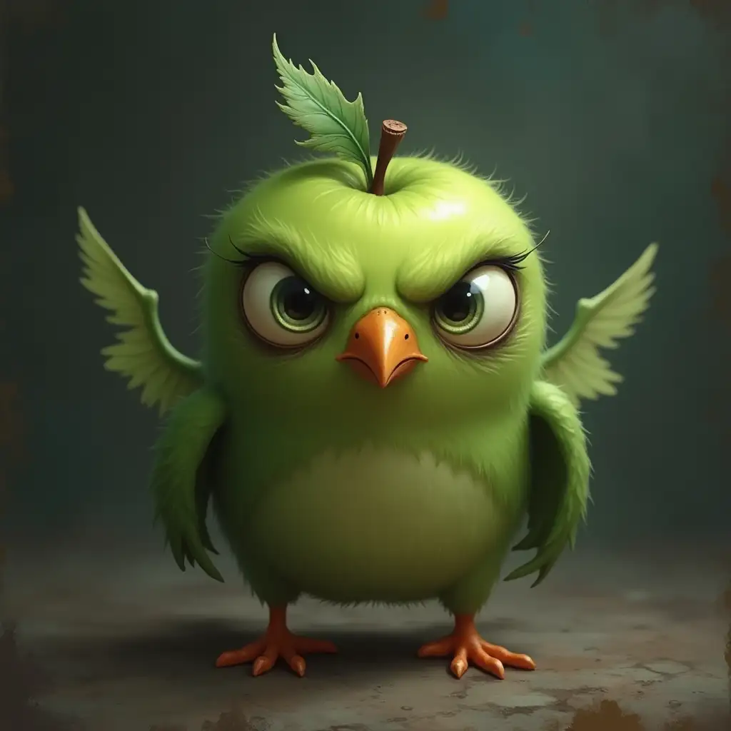 stunning image of a cute adorable angry looking green apple mix bird monster with little wings, moody, grainy, noisy, concept art, Meaningful Visual Art, Detailed Painting, Digital Illustration, hyperdetailed fantasy art, 3d digital art, sharp focus, masterpiece, fine art