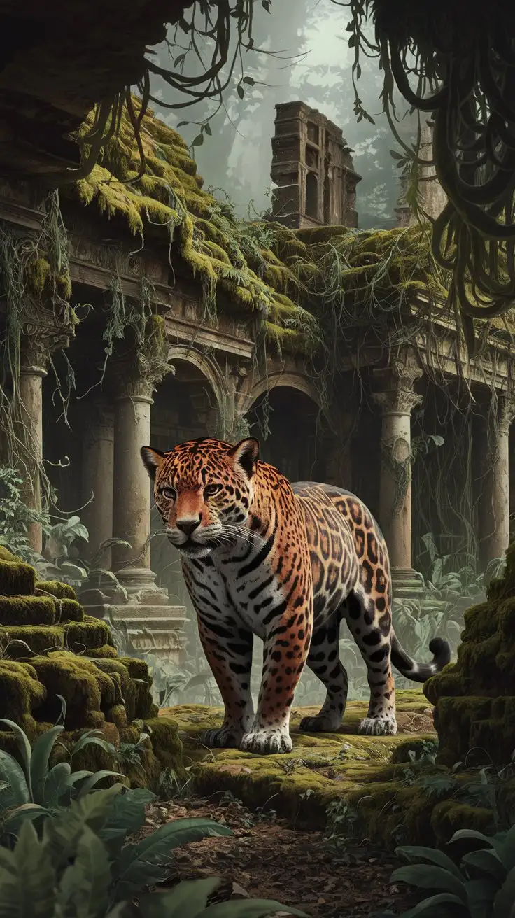 A evocative, medium-shot photograph of an old, scarred jaguar standing amidst ancient, moss-covered jungle ruins. The ruins are overgrown with vines and foliage, suggesting a lost civilization reclaimed by nature. The jaguar has a wise, weathered expression, and the atmosphere is ancient and mysterious.  Ruins, ancient jaguar, jungle history, wildlife photography, atmospheric, muted colors --ar 3:2 --style expressive