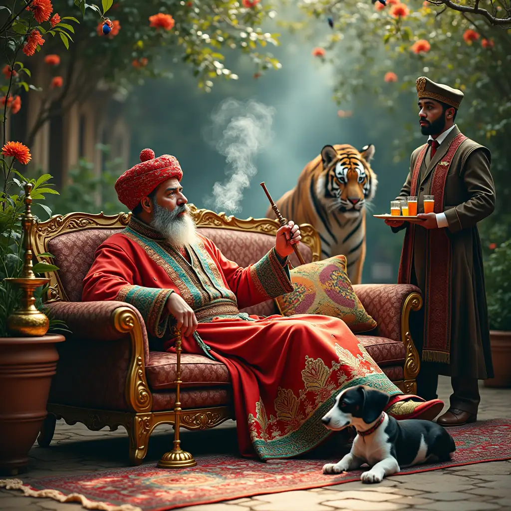 The Turkish Sultan in a colorful robe and turban reclines on a beautiful couch in a shady garden; the Sultan's legs in colorful national shoes are visible; the sultan smokes a hookah; The Sultan holds the mouthpiece and hose from the hookah in his hand; smoke comes from the Sultan's mouth;  a golden hookah stands nearby; flowers, peacocks and small birds of paradise fly around the sultan; a black servant stands nearby with a tray of drinks in his hands; the servant is completely visible; next to him lies a very small black and white dog of the Cavalier King Charles Cocker Spaniel breed; There's a Bengal tiger standing behind the couch.